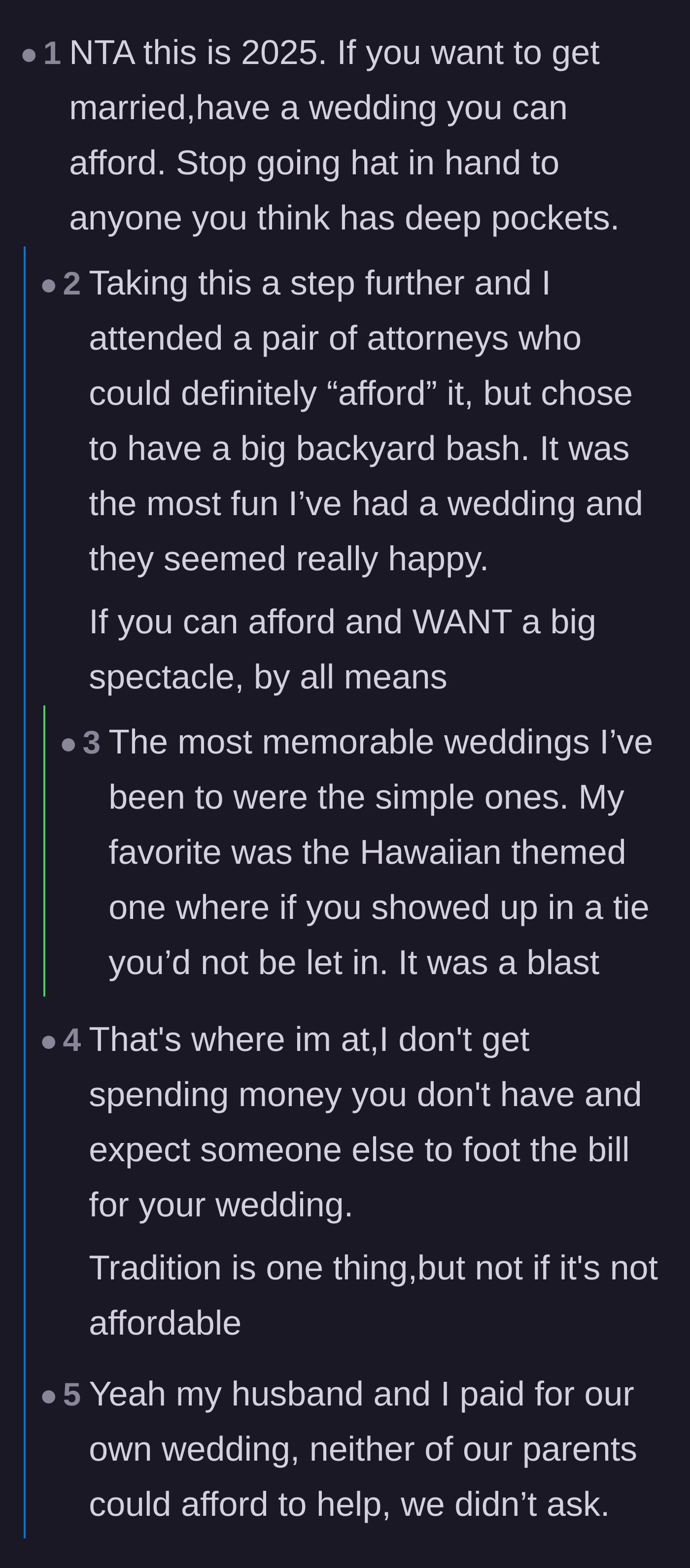 Comment thread 1 - Readers swapping stories about affordable, laid-back weddings versus expensive spectacles.