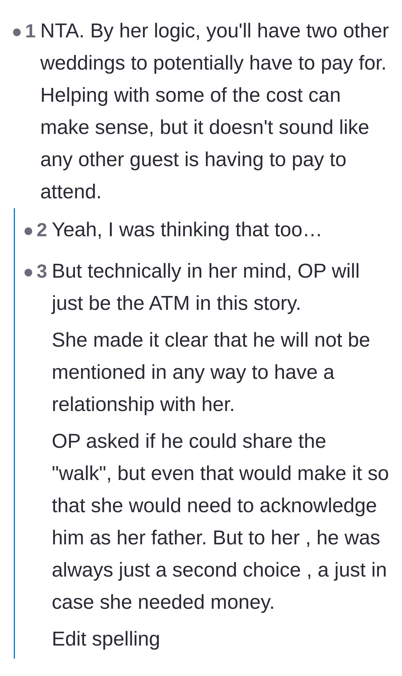 Comment thread 2 - Advice on gifting a flat, affordable amount rather than funding the entire event.