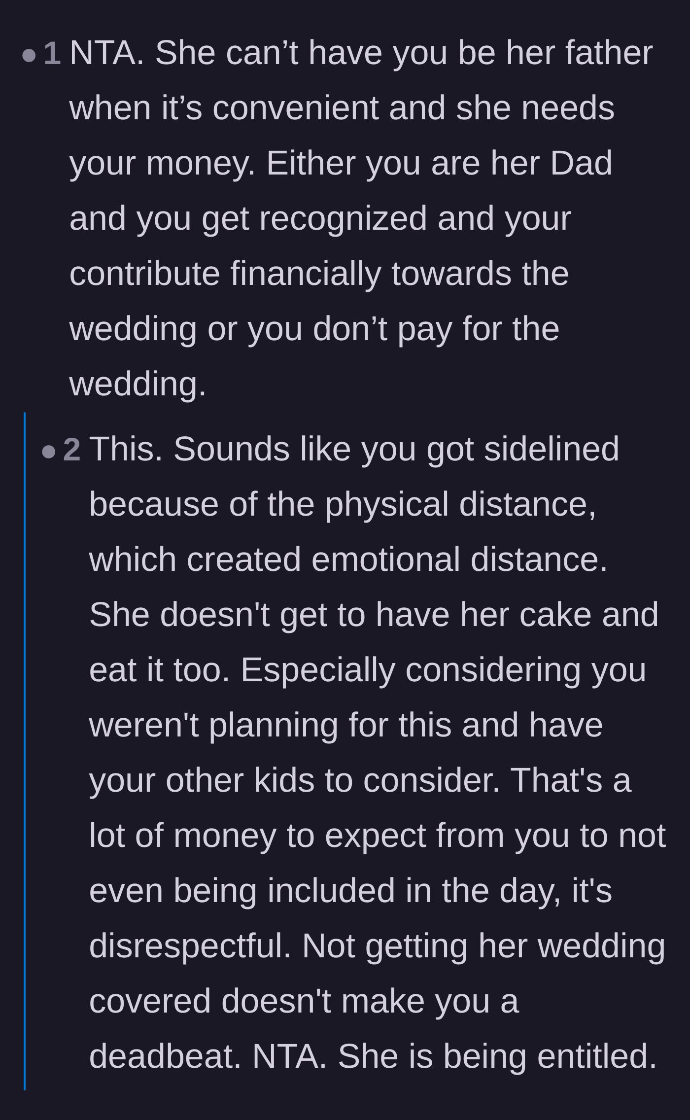 Comment thread 3 - Debating how the daughter cannot demand fatherly financial duties while denying him a fatherly role.
