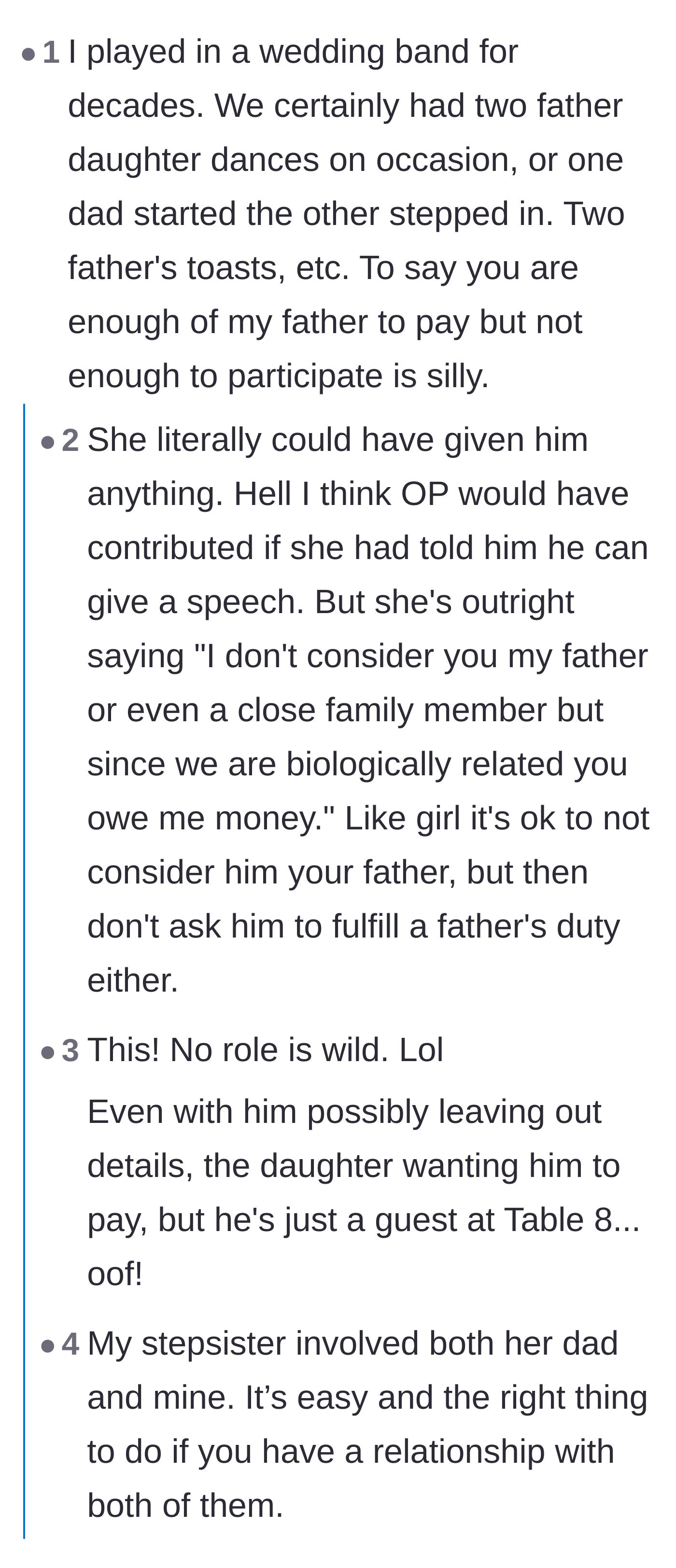 Comment thread 4 - A wedding vendor explaining that splitting honors between two fathers is totally normal and easy to do.
