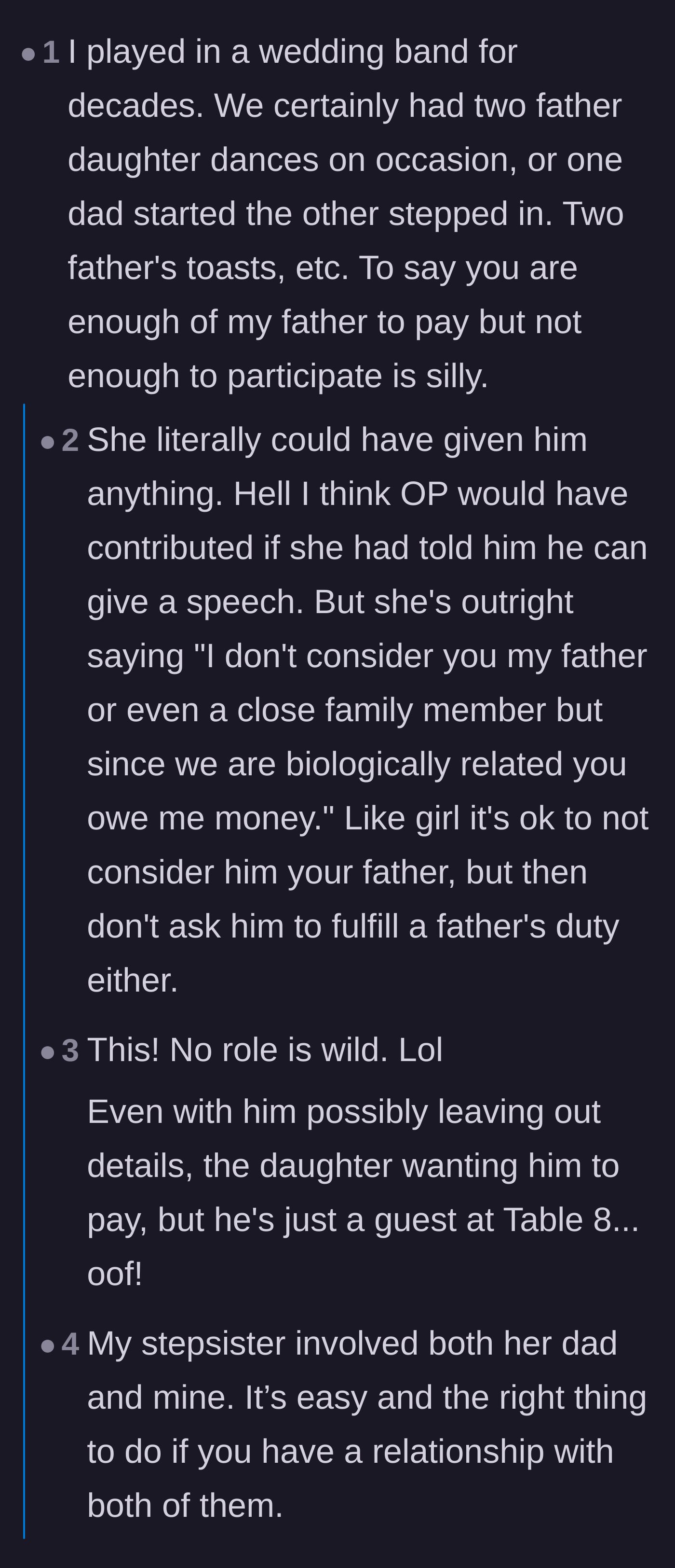 Comment thread 4 - A wedding vendor explaining that splitting honors between two fathers is totally normal and easy to do.
