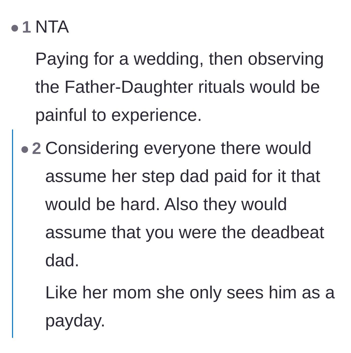 Comment thread 5 - Pointing out the public humiliation of funding the wedding while the stepdad gets all the public credit.