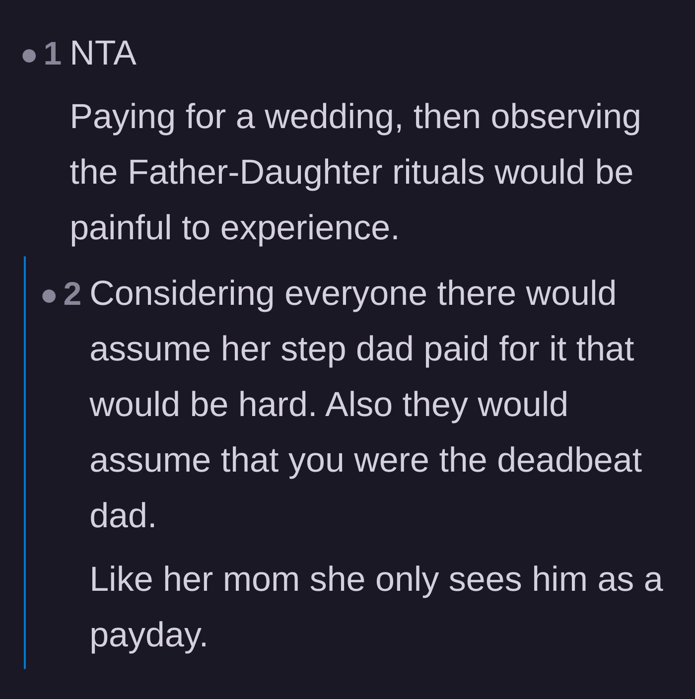 Comment thread 5 - Pointing out the public humiliation of funding the wedding while the stepdad gets all the public credit.