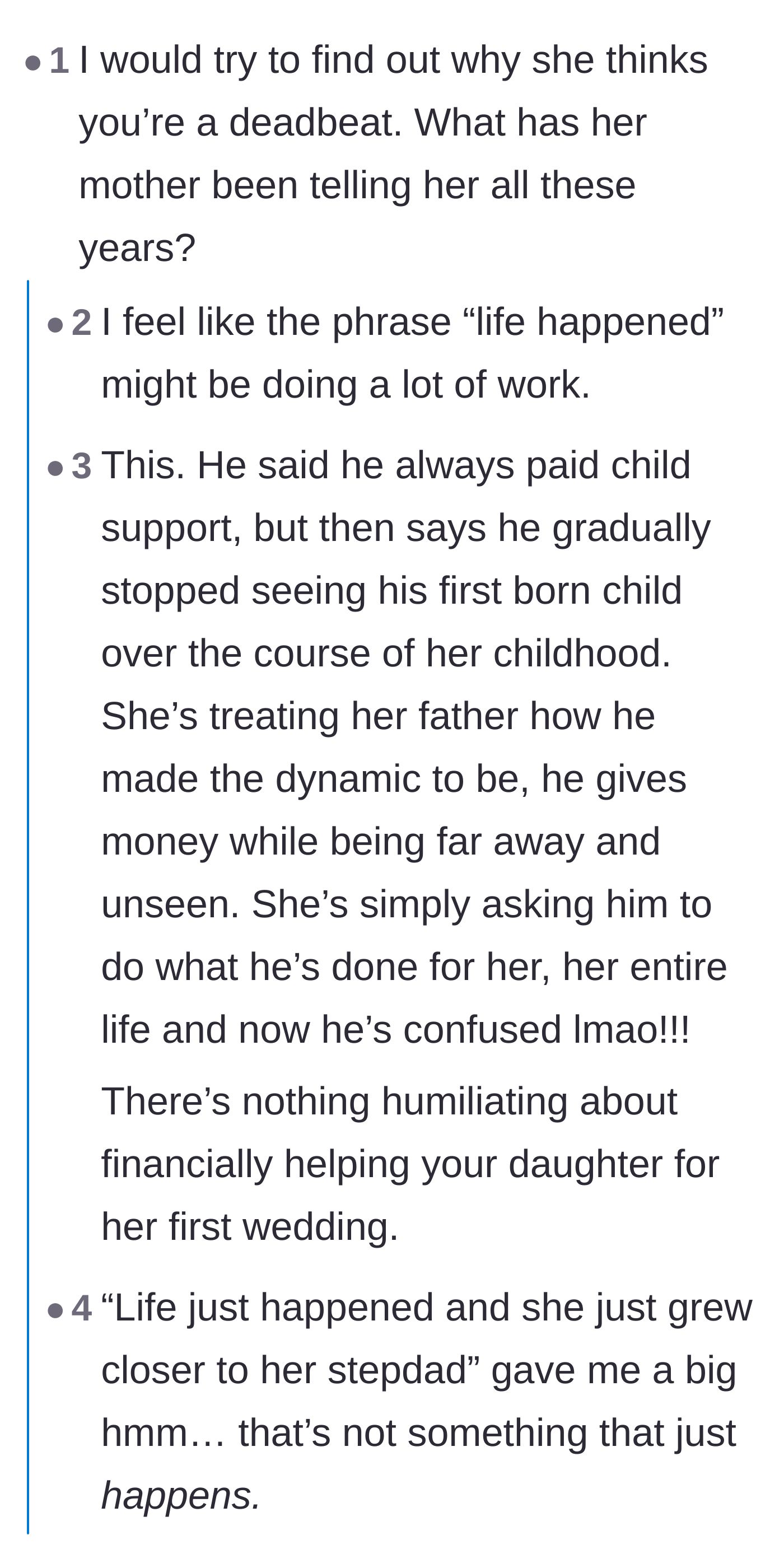 Comment thread 6 - Scrutinizing the father's vague language about losing contact with his daughter and the fairness of his child support.