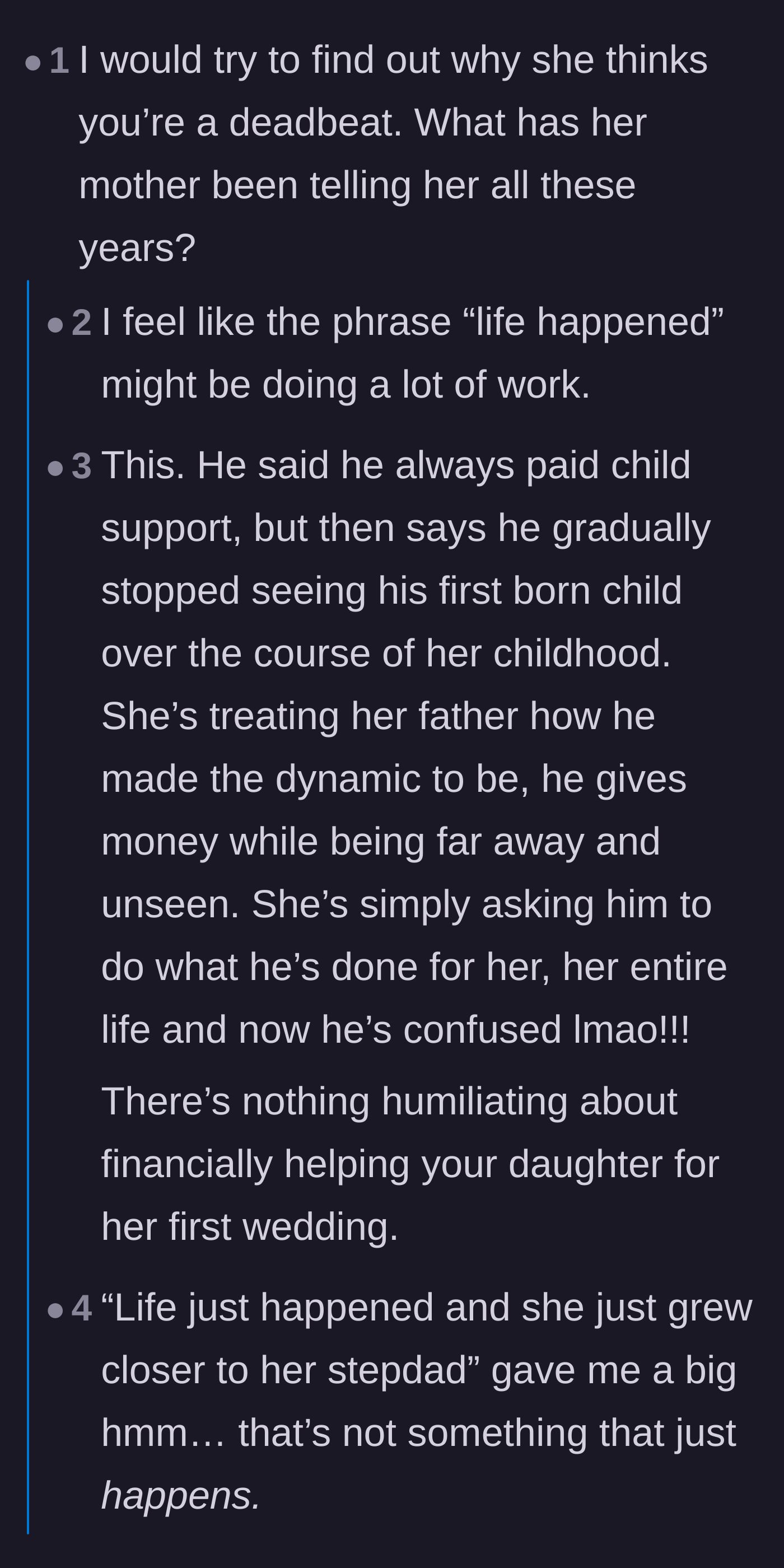 Comment thread 6 - Scrutinizing the father's vague language about losing contact with his daughter and the fairness of his child support.