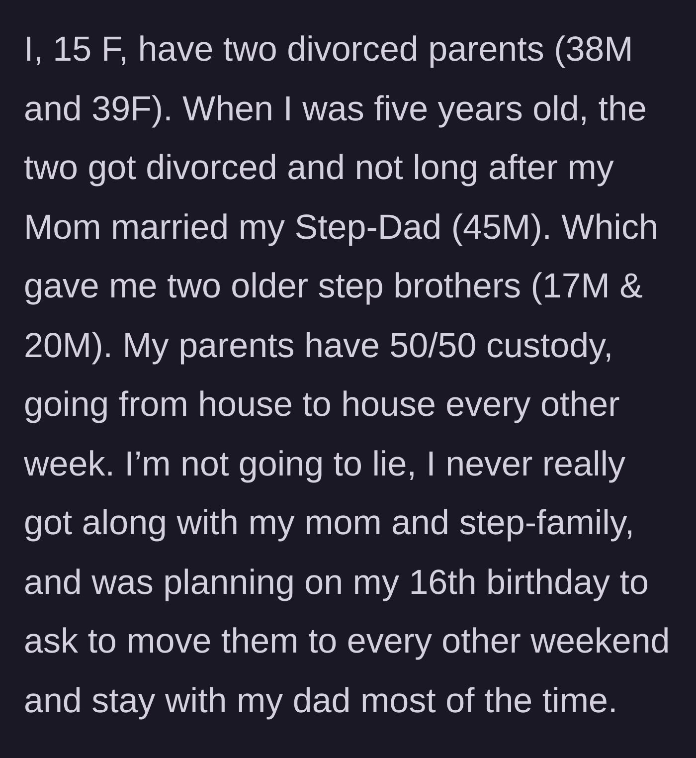 Story part 1 - A teenager explains her exhausting 50/50 custody arrangement and her strained relationship with her mother and stepfamily.