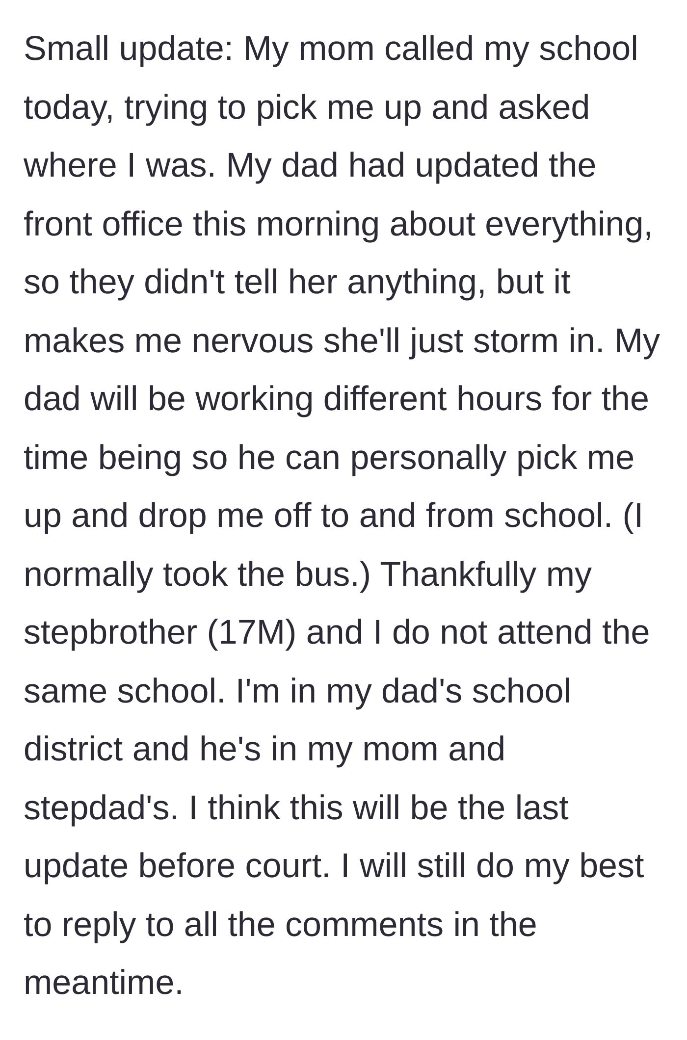 Story part 6 - The mother attempts to intercept the teenager at school, but the father and school administration intervene to keep her safe.