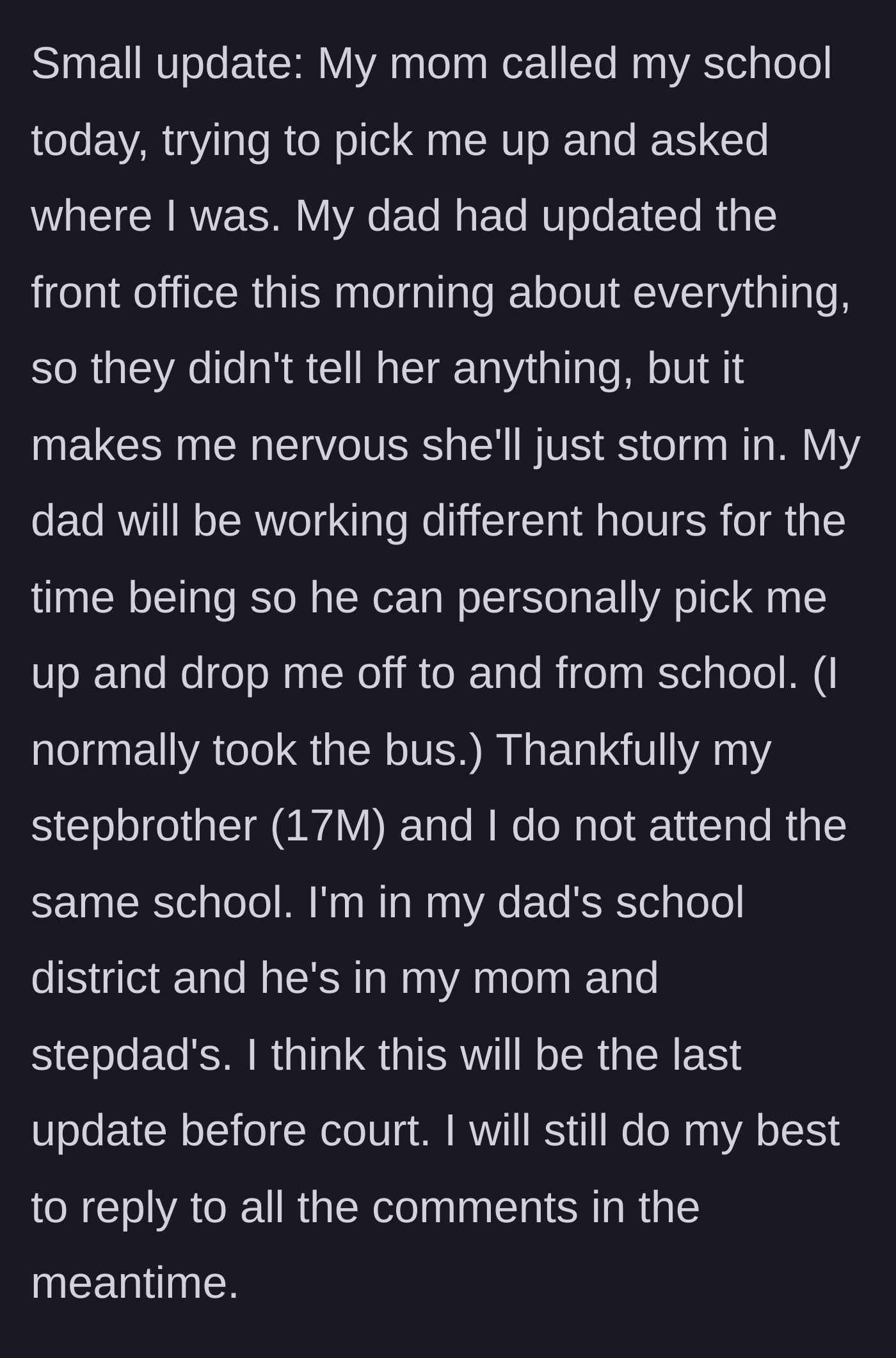 Story part 6 - The mother attempts to intercept the teenager at school, but the father and school administration intervene to keep her safe.