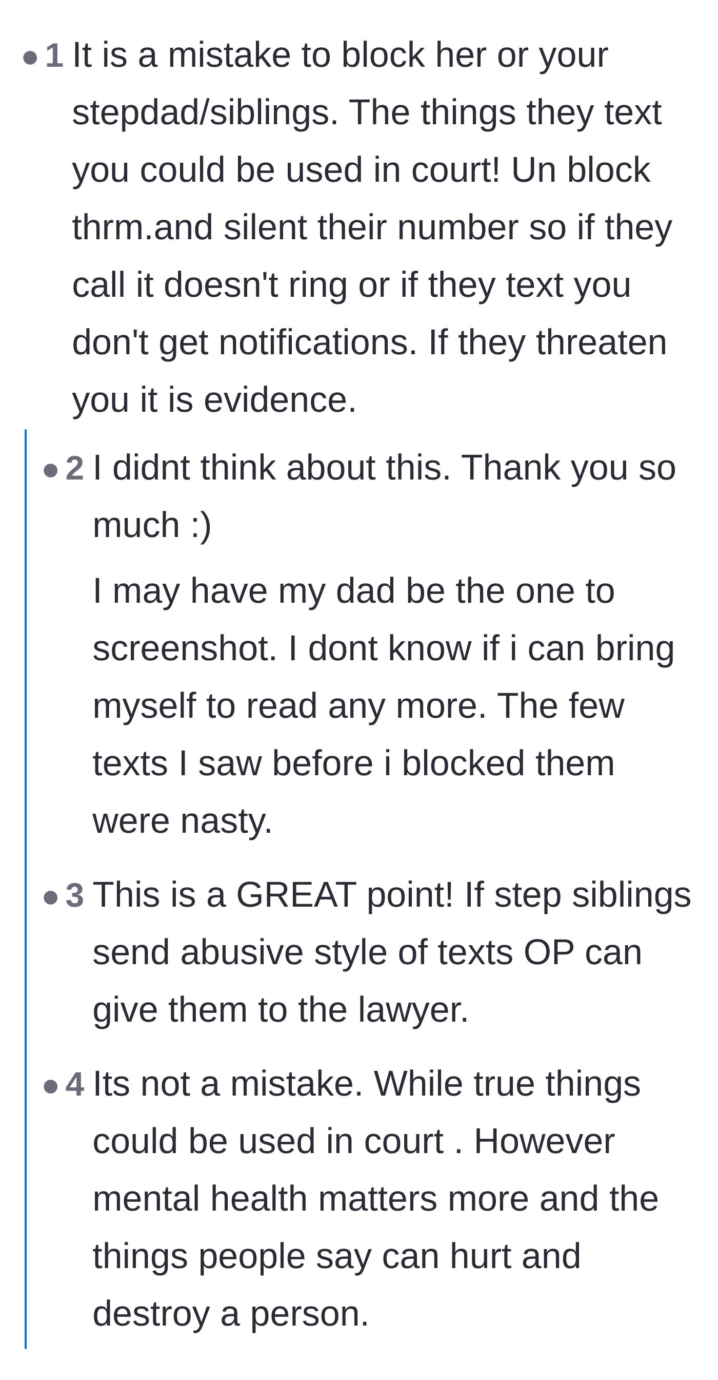 Comment thread 1 - Advice on preserving threatening texts as legal evidence and using the grey rock method to minimize conflict.