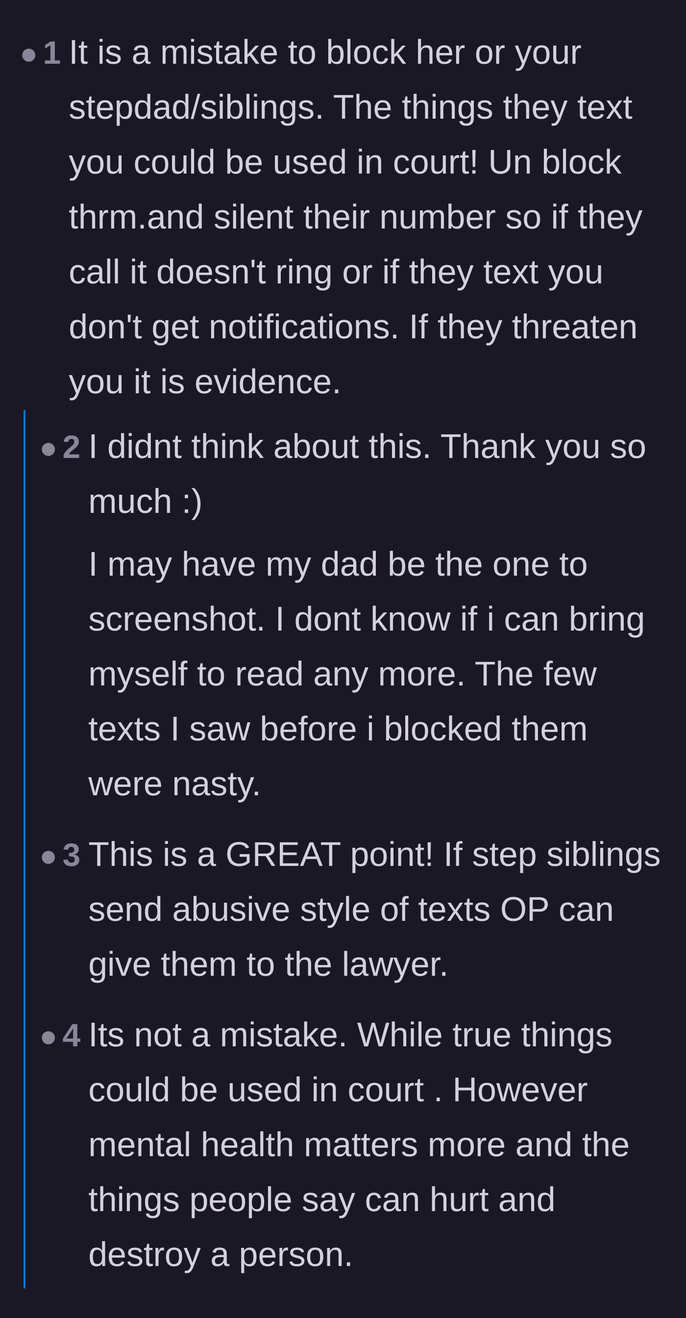 Comment thread 1 - Advice on preserving threatening texts as legal evidence and using the grey rock method to minimize conflict.