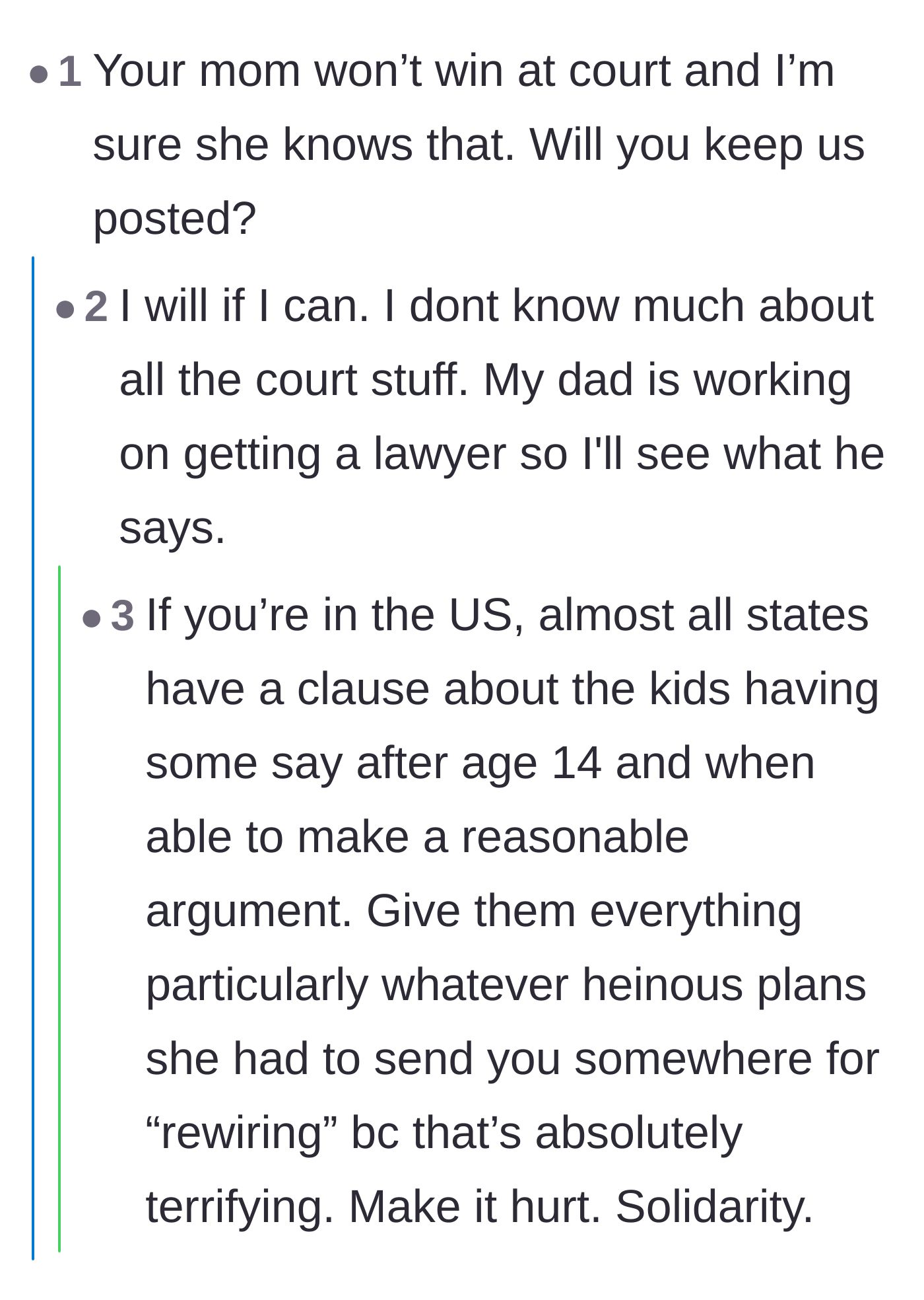 Comment thread 6 - Reassurance about family court proceedings and urging the daughter to expose the horrific threats of conversion therapy.