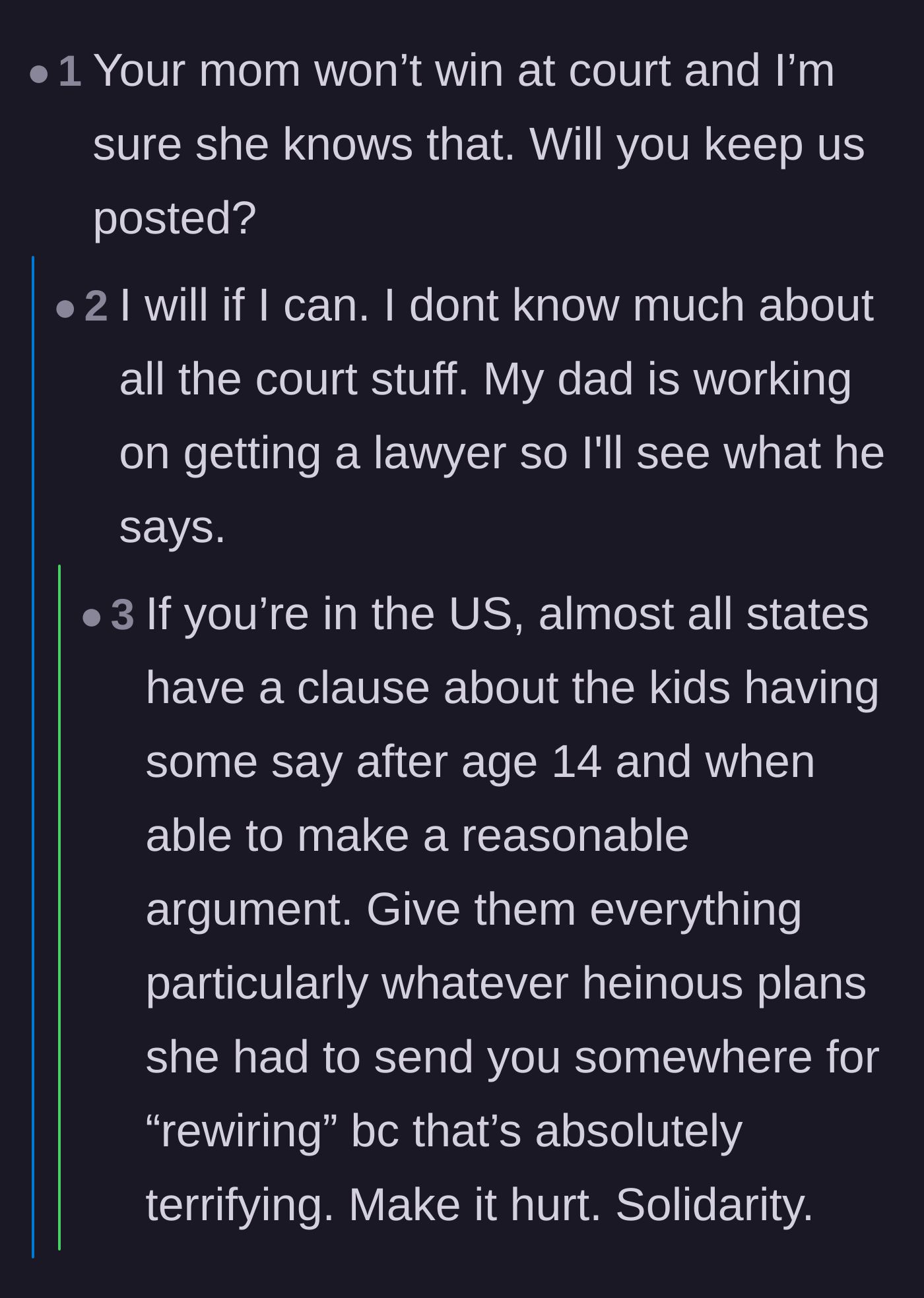Comment thread 6 - Reassurance about family court proceedings and urging the daughter to expose the horrific threats of conversion therapy.