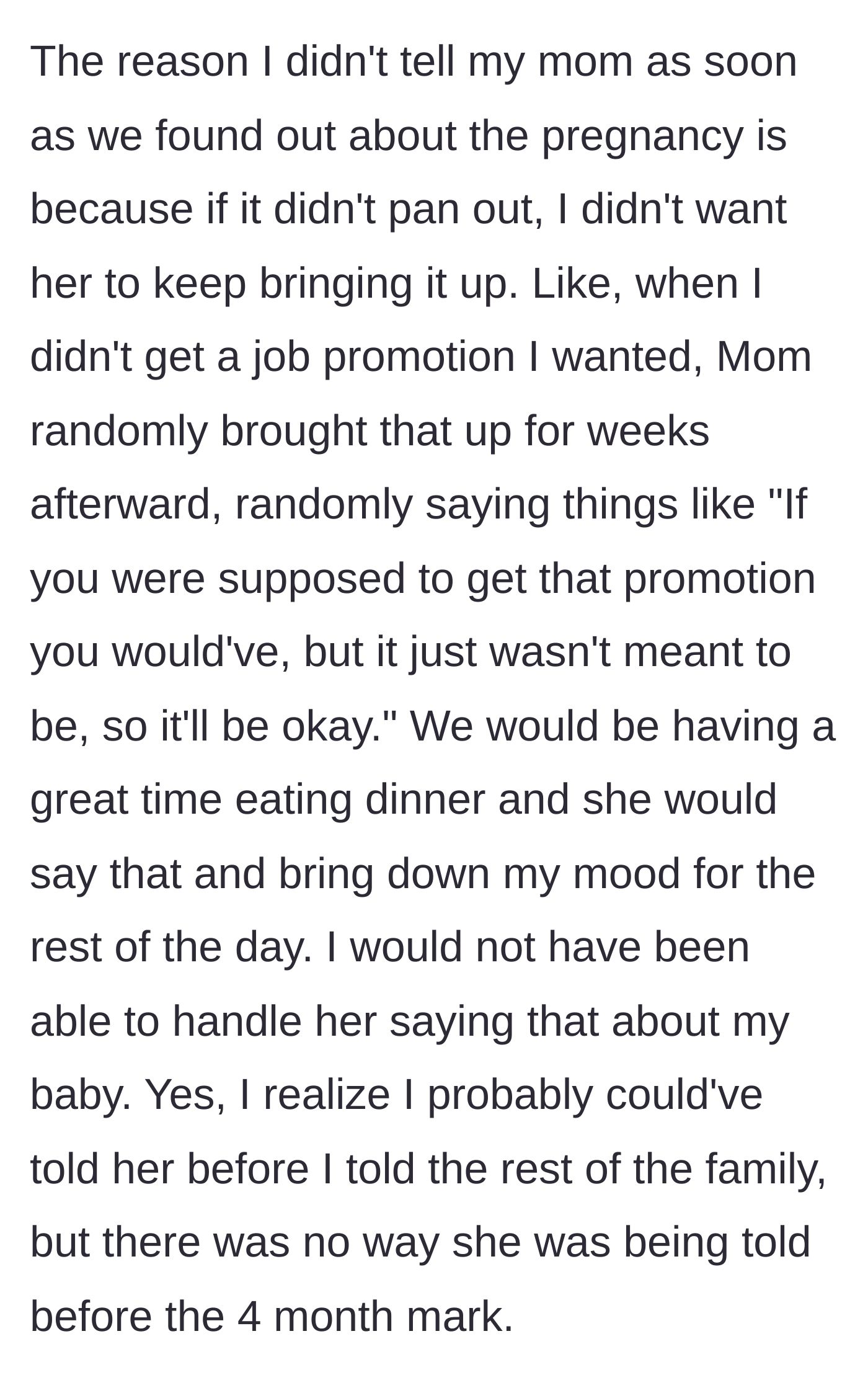 Story part 11 - The final explanation of the mother's toxic habit of rubbing in failures, which is why the main character was terrified to share the pregnancy too early.