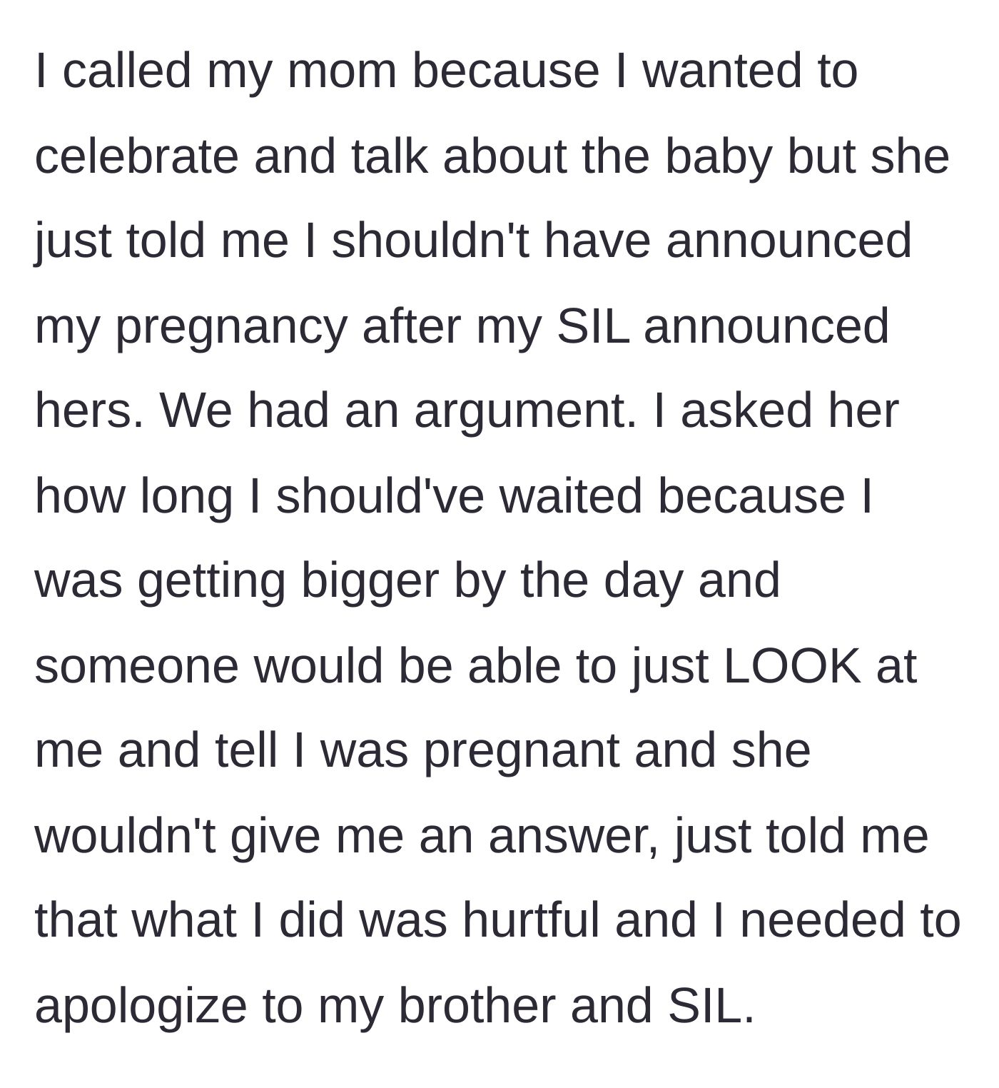 Story part 5 - A painful phone call where the mother berates the main character for announcing after the sister-in-law, demanding she apologize.