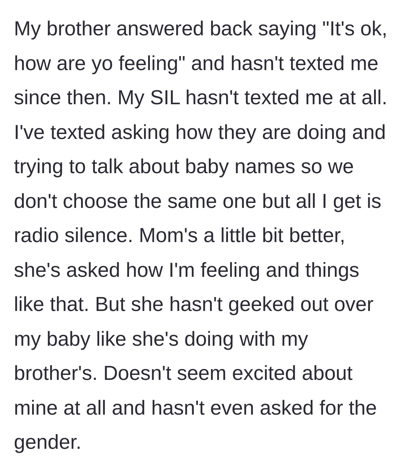 Story part 7 - The brother sending a brief, dismissive text while the sister-in-law ignores her completely, and the mother shows zero enthusiasm for her baby.