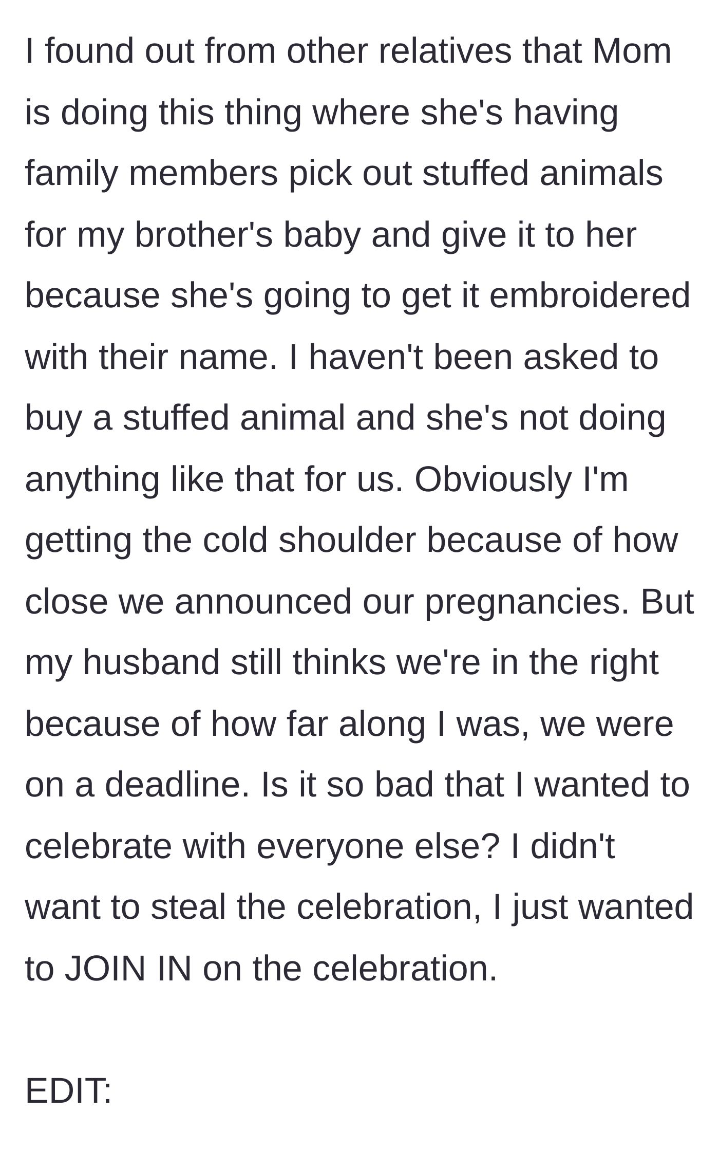 Story part 9 - The realization that the mother is organizing a special embroidered stuffed animal project with extended family for the brother's baby, actively excluding the main character.