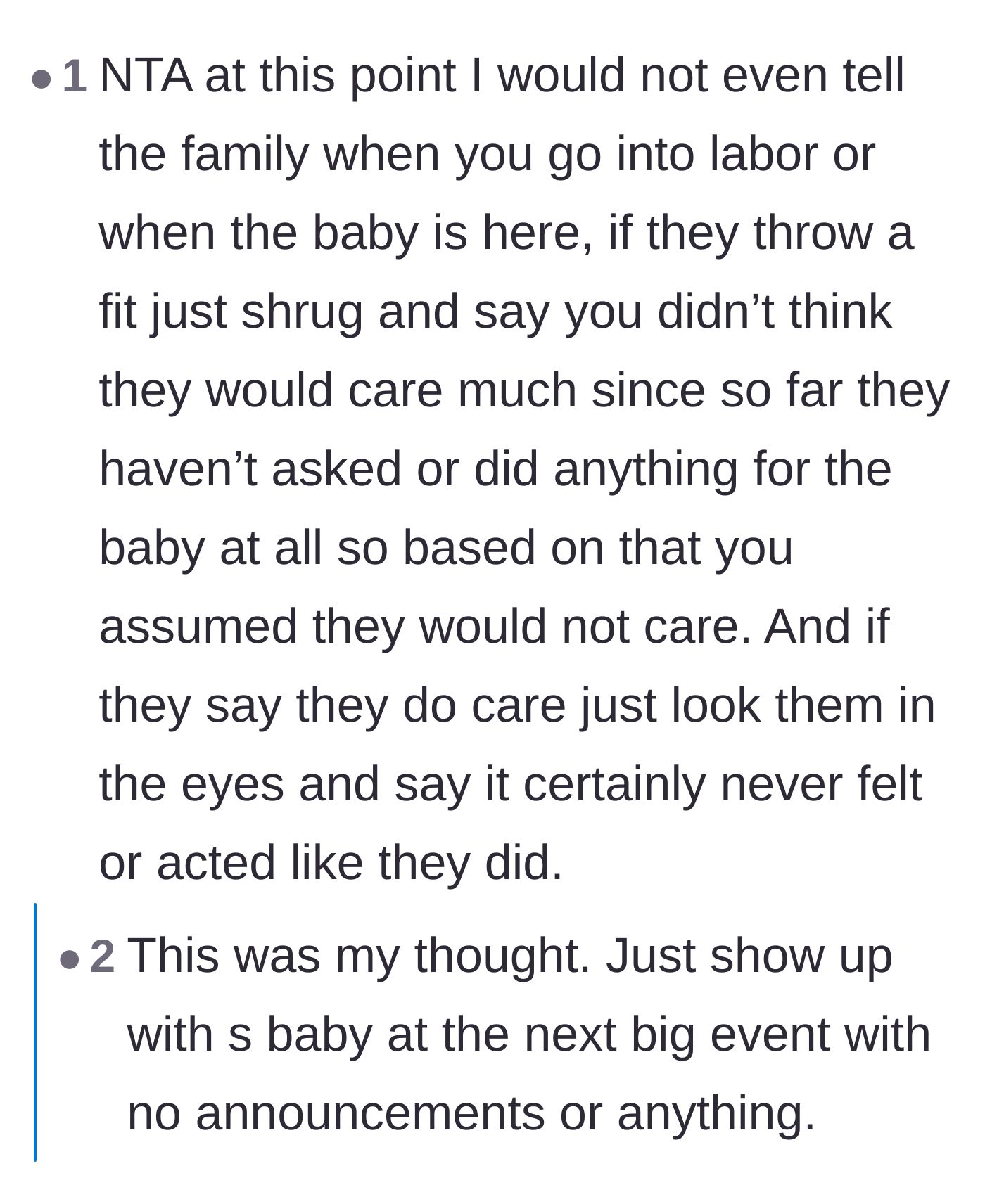 Comment thread 3 - Advice urging the main character to go low contact and match the family's cold, distant energy once the baby arrives.