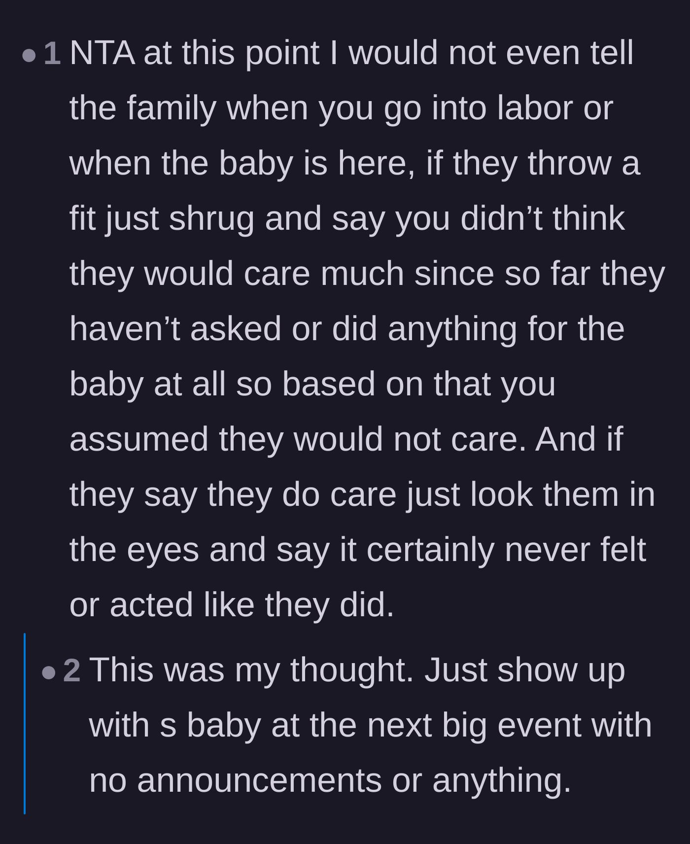 Comment thread 3 - Advice urging the main character to go low contact and match the family's cold, distant energy once the baby arrives.