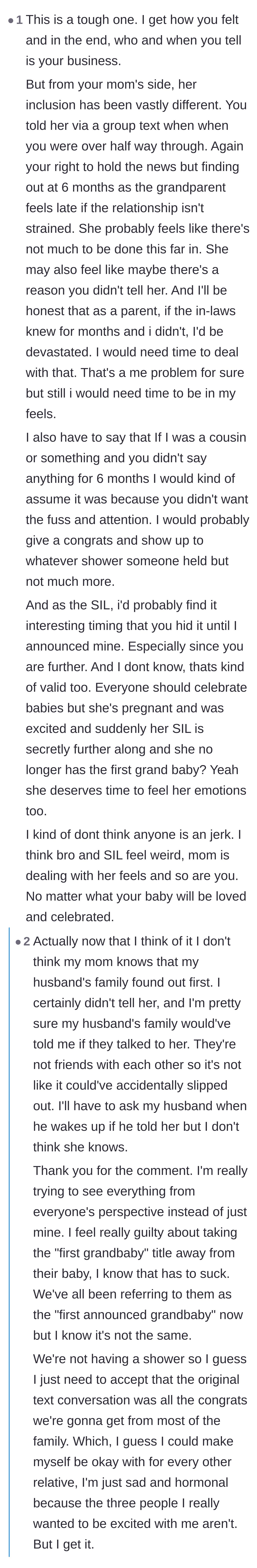 Comment thread 4 - A nuanced take explaining that while the main character meant well, her actions unintentionally made her mother and sister-in-law feel excluded and hurt.