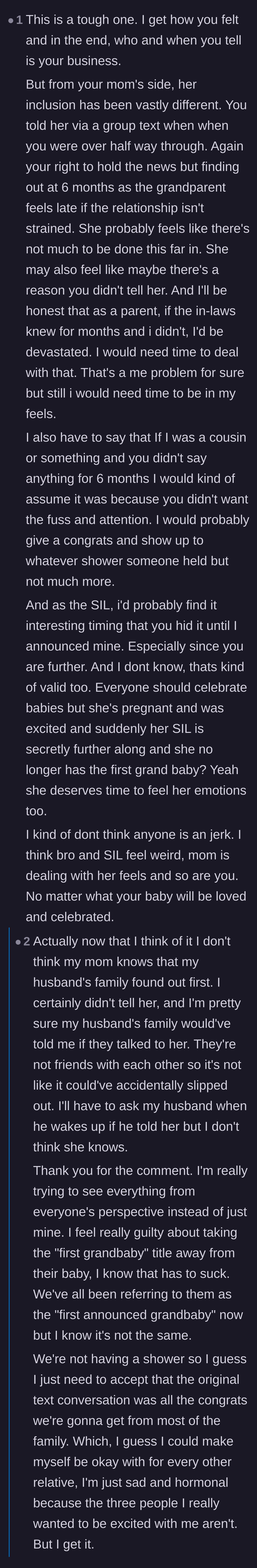 Comment thread 4 - A nuanced take explaining that while the main character meant well, her actions unintentionally made her mother and sister-in-law feel excluded and hurt.