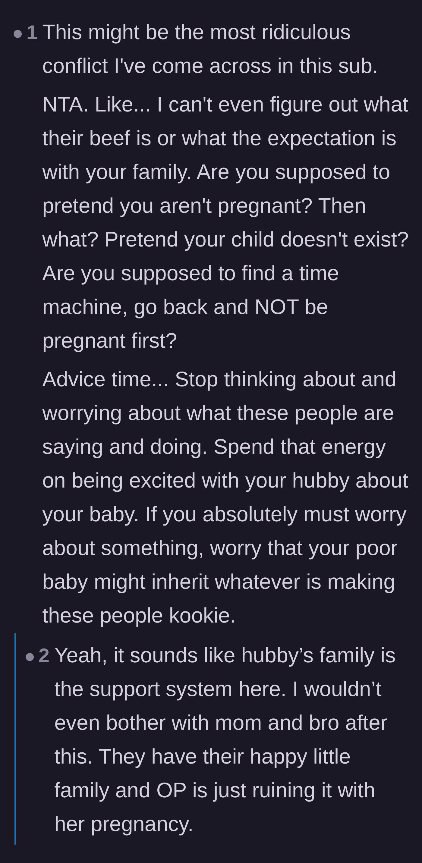 Comment thread 6 - Disbelief at the family's ridiculous expectations, advising the main character to stop worrying and focus on her supportive husband.