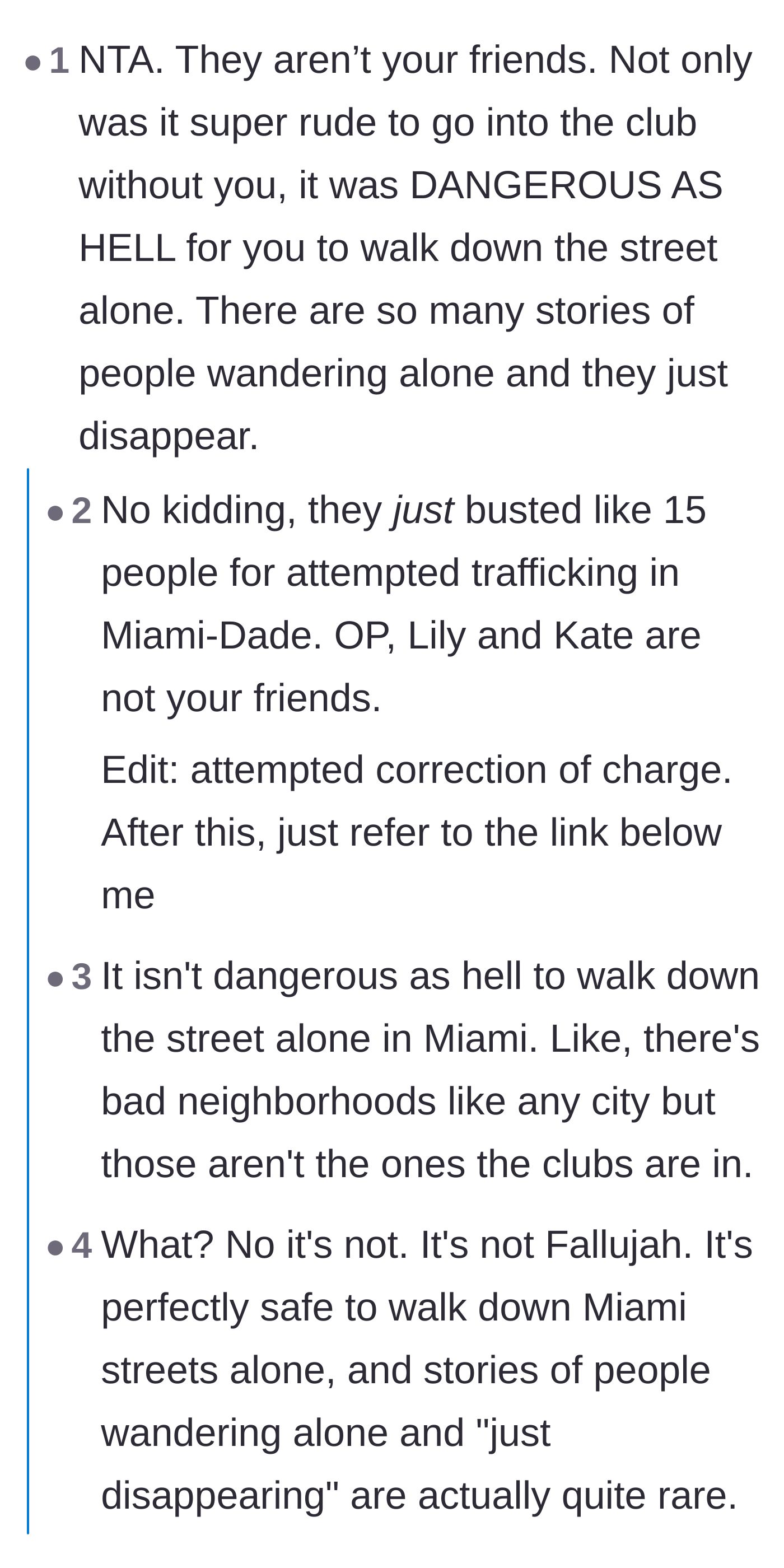 Comment thread 2 - A massive debate erupts over crime rates and the actual physical danger of leaving a woman alone on a Miami street at night.