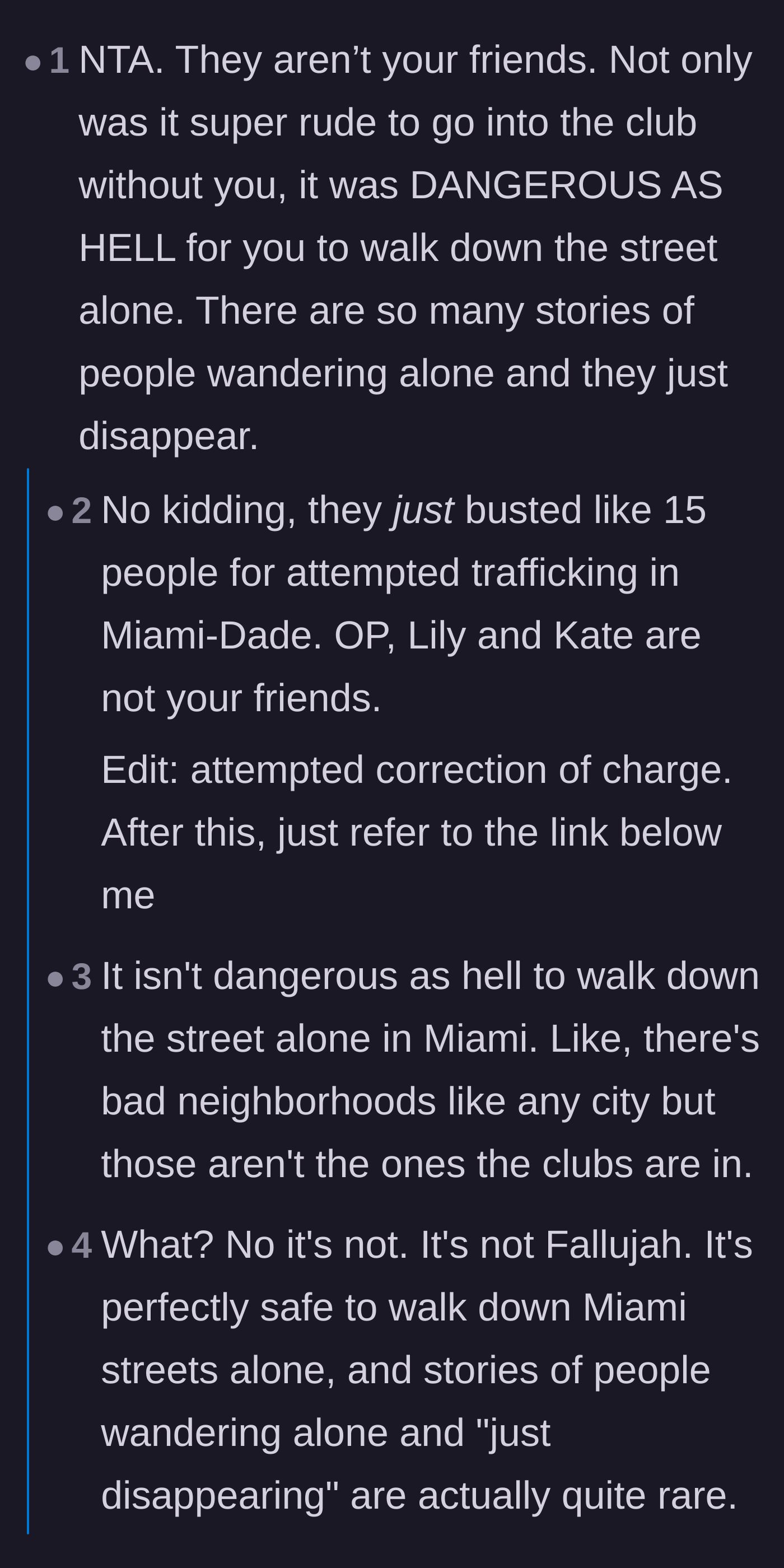 Comment thread 2 - A massive debate erupts over crime rates and the actual physical danger of leaving a woman alone on a Miami street at night.