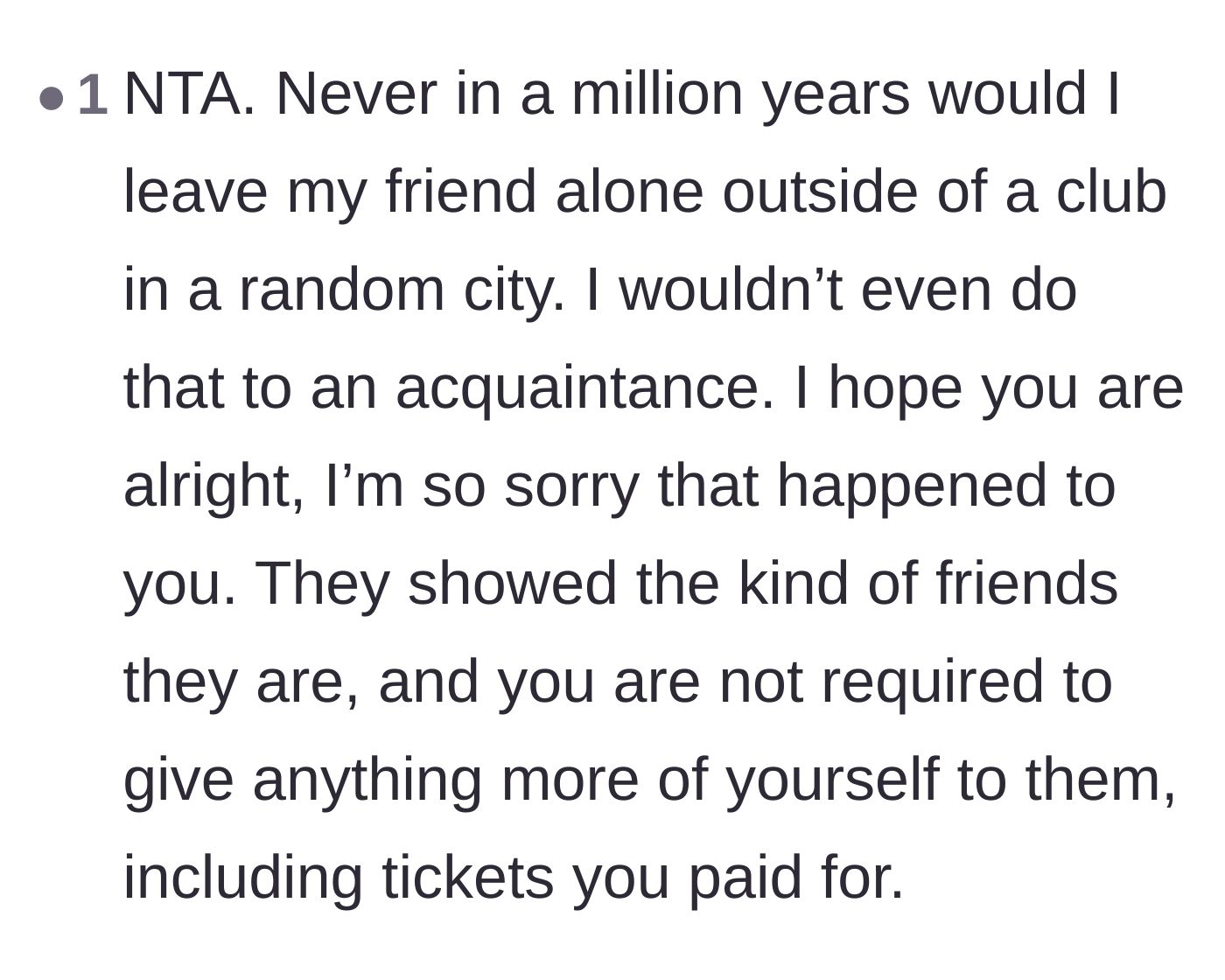 Comment thread 4 - A commenter emphasizes the sacred, universal rule of never leaving a friend alone outside in an unfamiliar city.