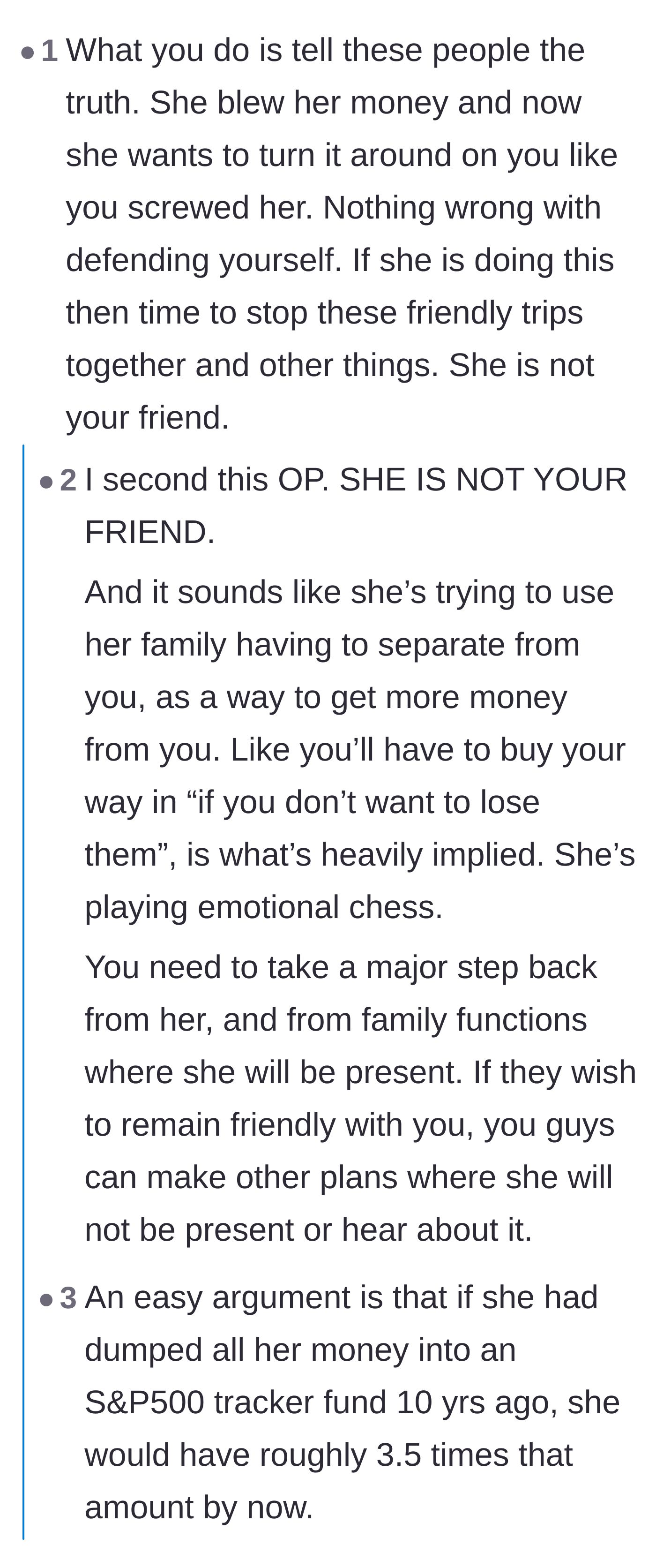 Comment thread 4 - Analysis of the ex-wife using her family as emotional leverage to mask her own financial failures and investment missteps.