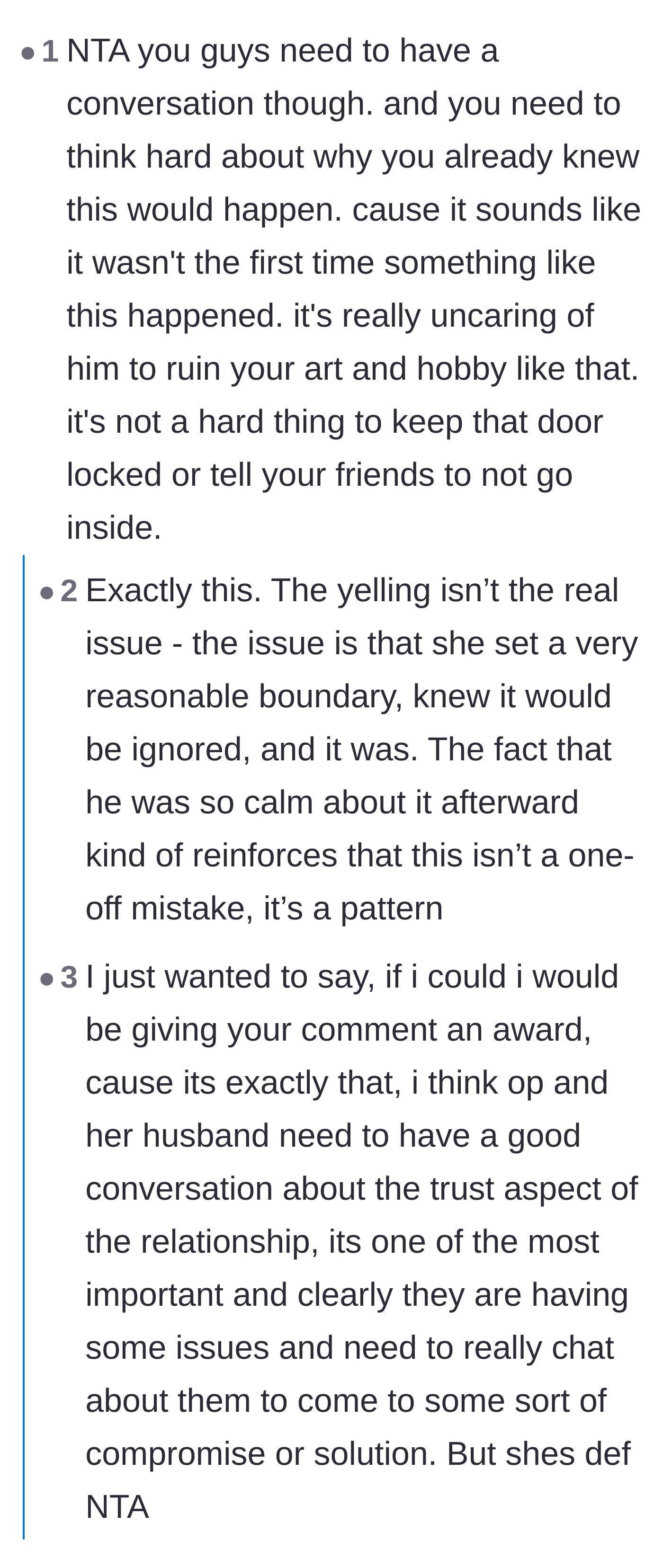 Comment thread 3 - Discussing the deeper loss of trust and the husband's consistent pattern of broken promises.
