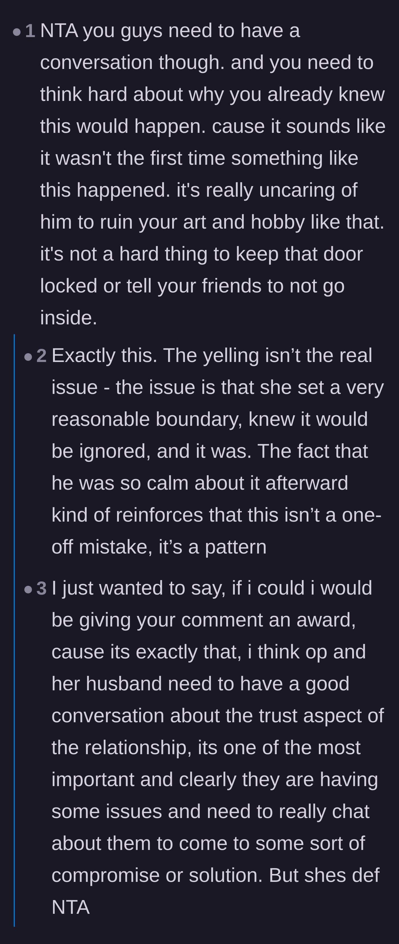 Comment thread 3 - Discussing the deeper loss of trust and the husband's consistent pattern of broken promises.