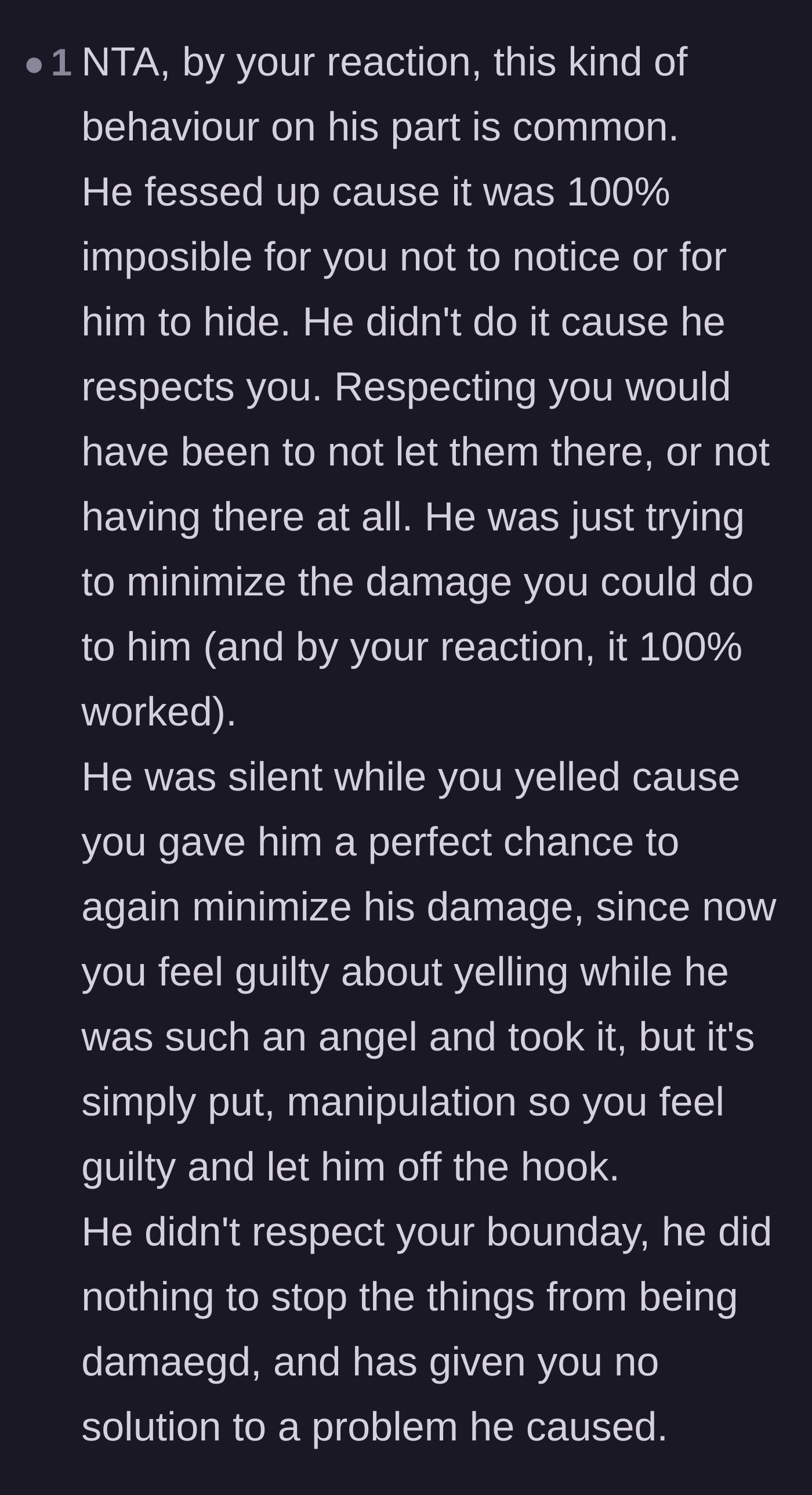 Comment thread 5 - Exposing the husband's silence as a calculated manipulation tactic to escape accountability.