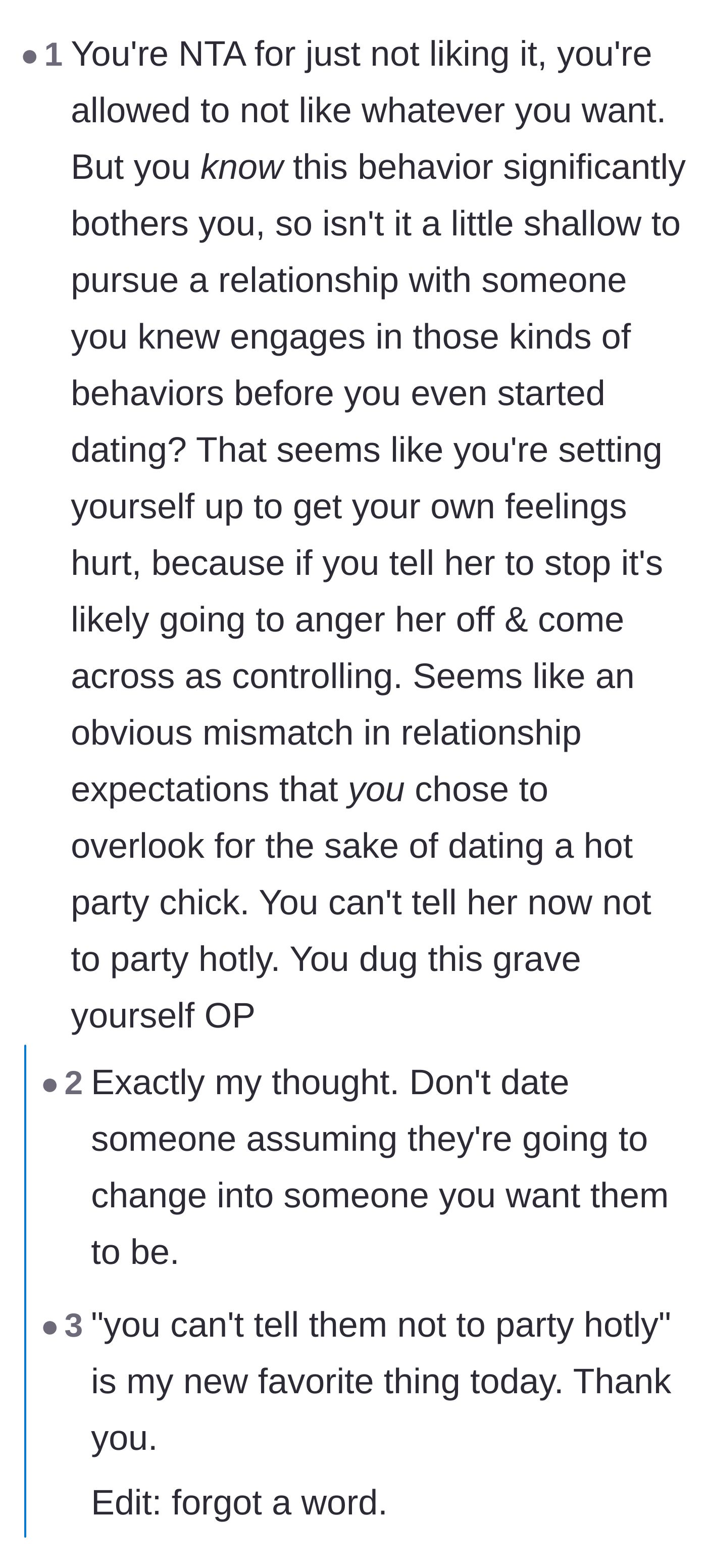 Comment thread 1 - Discussing the trap of dating a party girl and expecting her to eventually change.