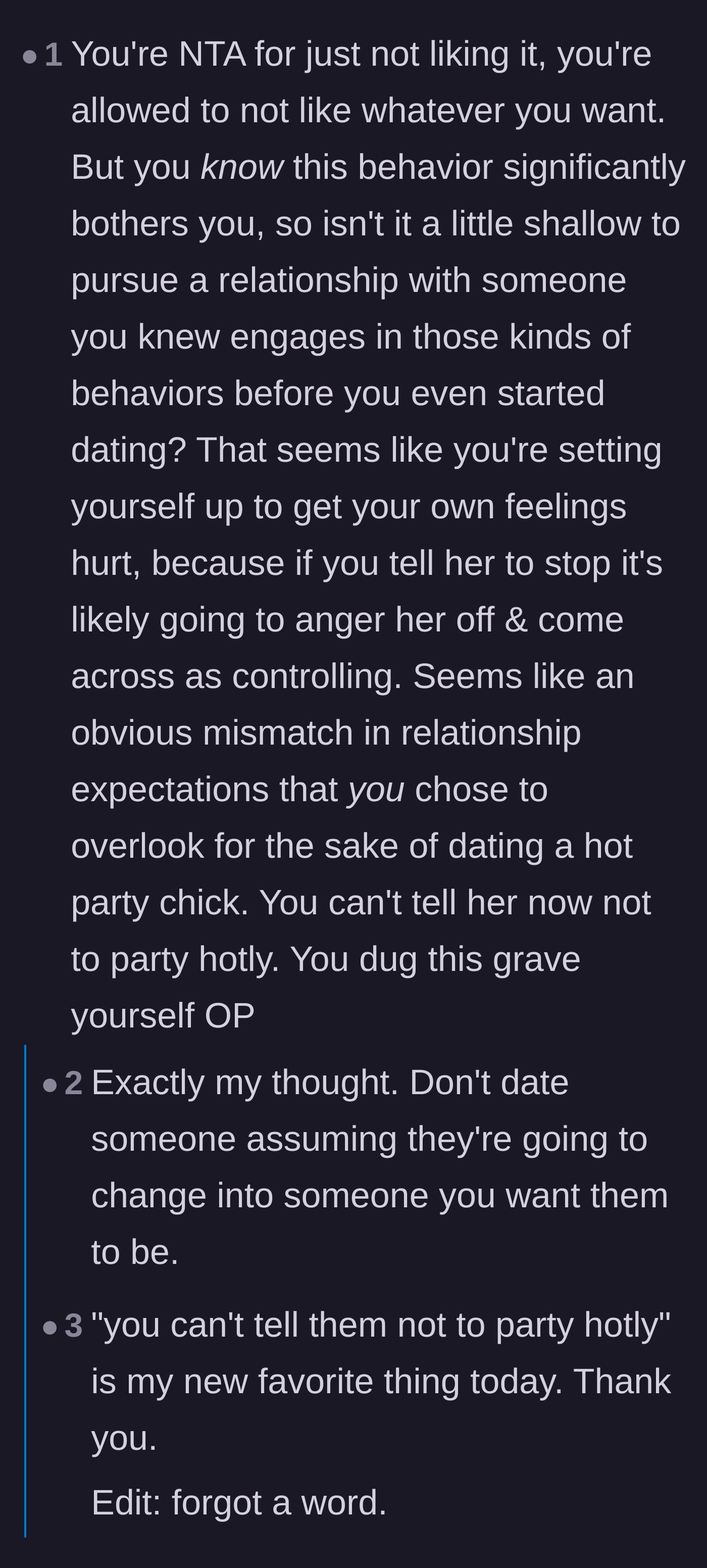 Comment thread 1 - Discussing the trap of dating a party girl and expecting her to eventually change.