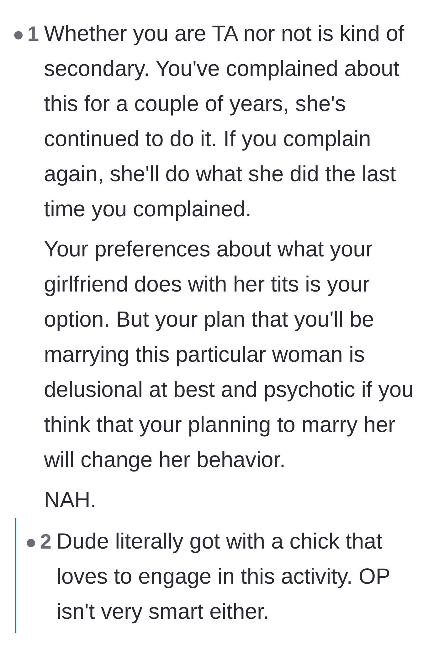 Comment thread 2 - Pointing out the delusion of expecting marriage to magically fix her behavior.