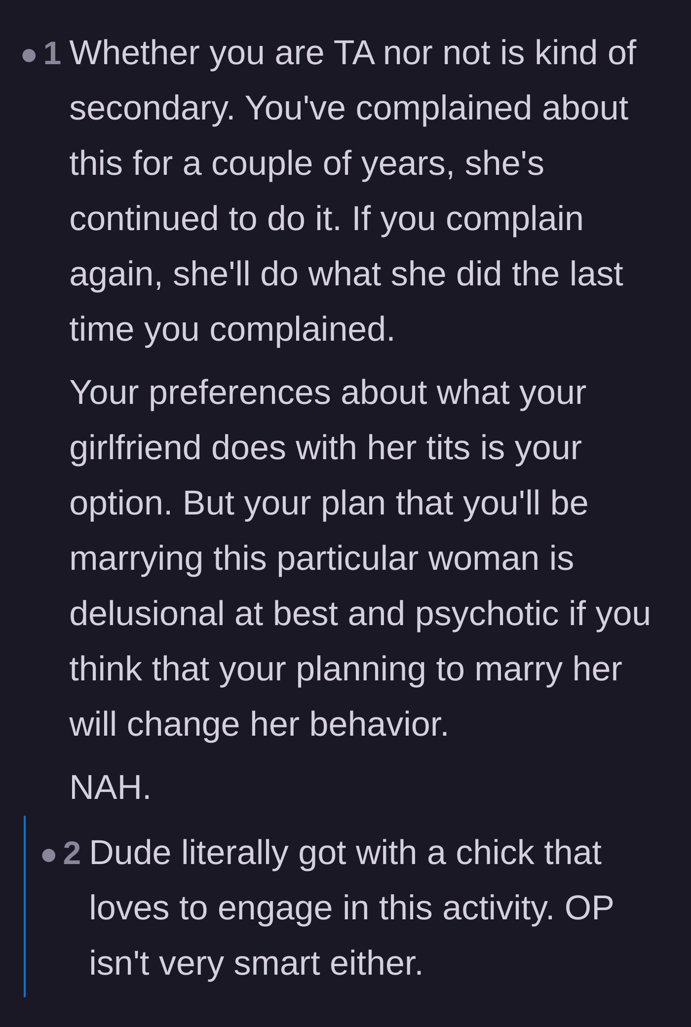 Comment thread 2 - Pointing out the delusion of expecting marriage to magically fix her behavior.