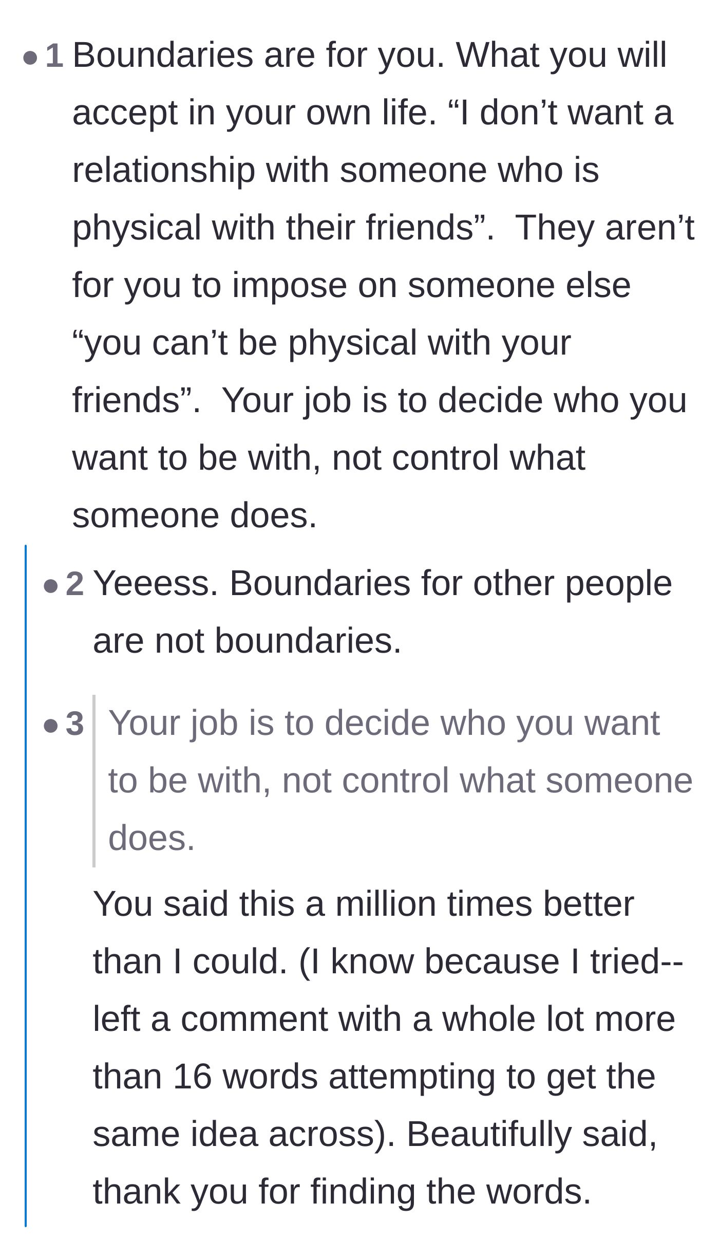 Comment thread 4 - Explaining the difference between setting personal boundaries and controlling a partner.