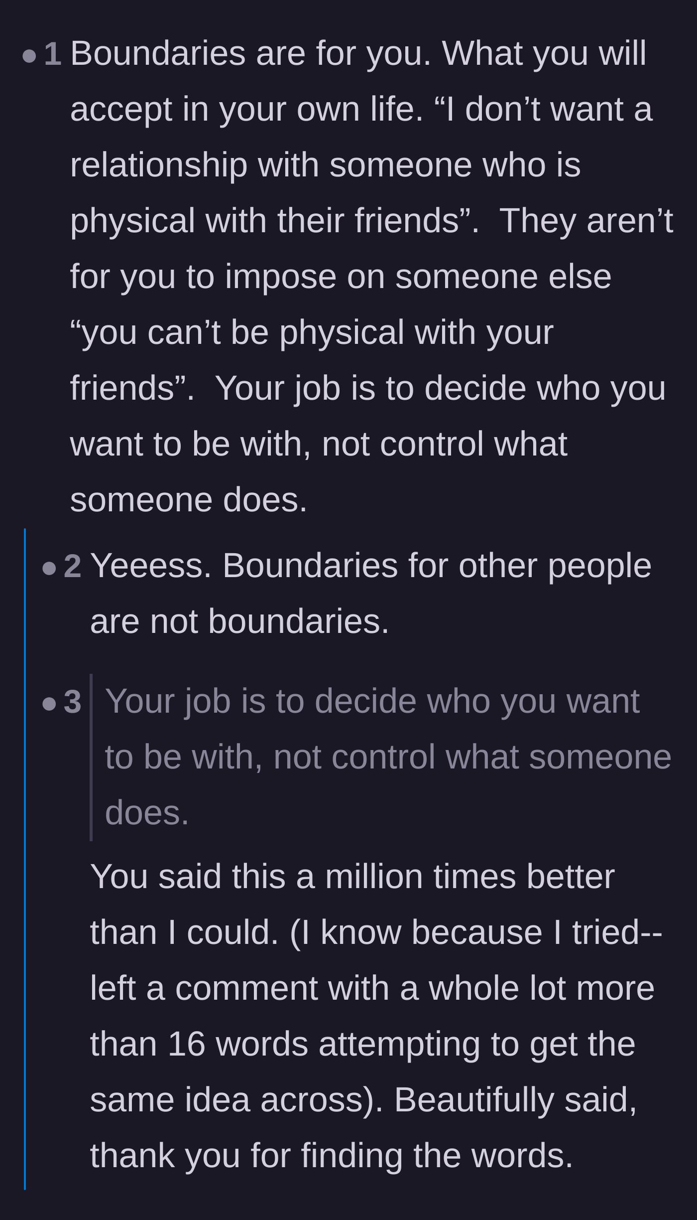 Comment thread 4 - Explaining the difference between setting personal boundaries and controlling a partner.