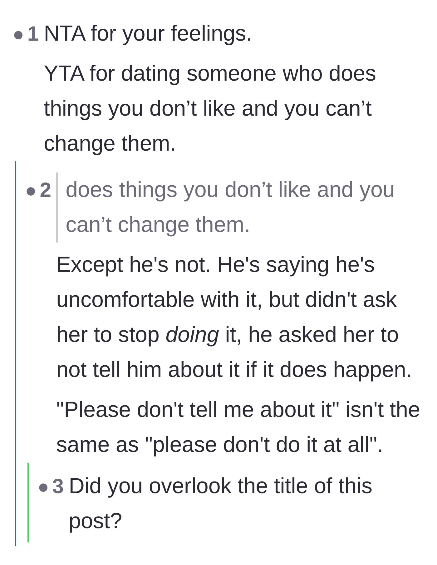 Comment thread 6 - Debating whether the boyfriend's vague requests count as trying to change her.