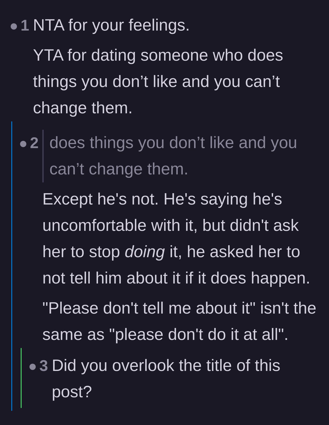 Comment thread 6 - Debating whether the boyfriend's vague requests count as trying to change her.
