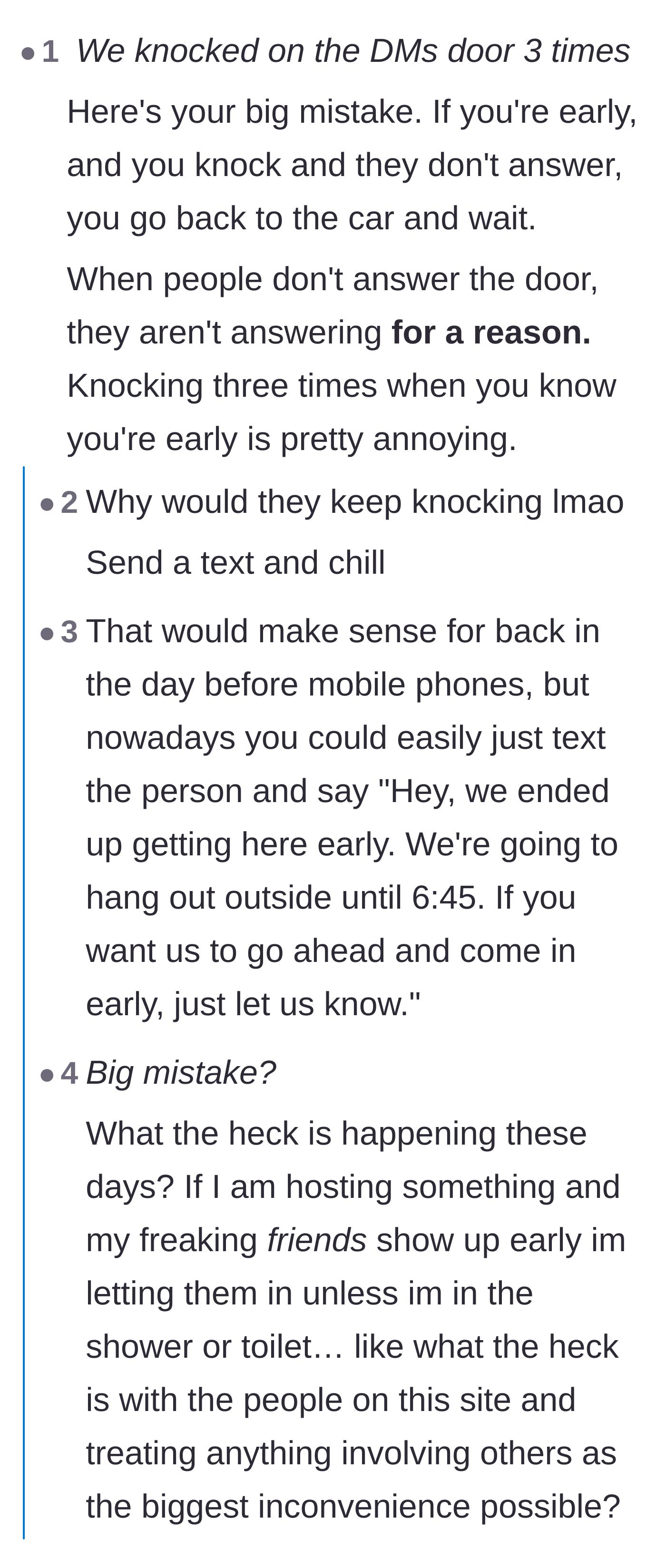 Comment thread 1 - Debate over the etiquette of knocking multiple times when arriving early and the psychology of chronically early people.