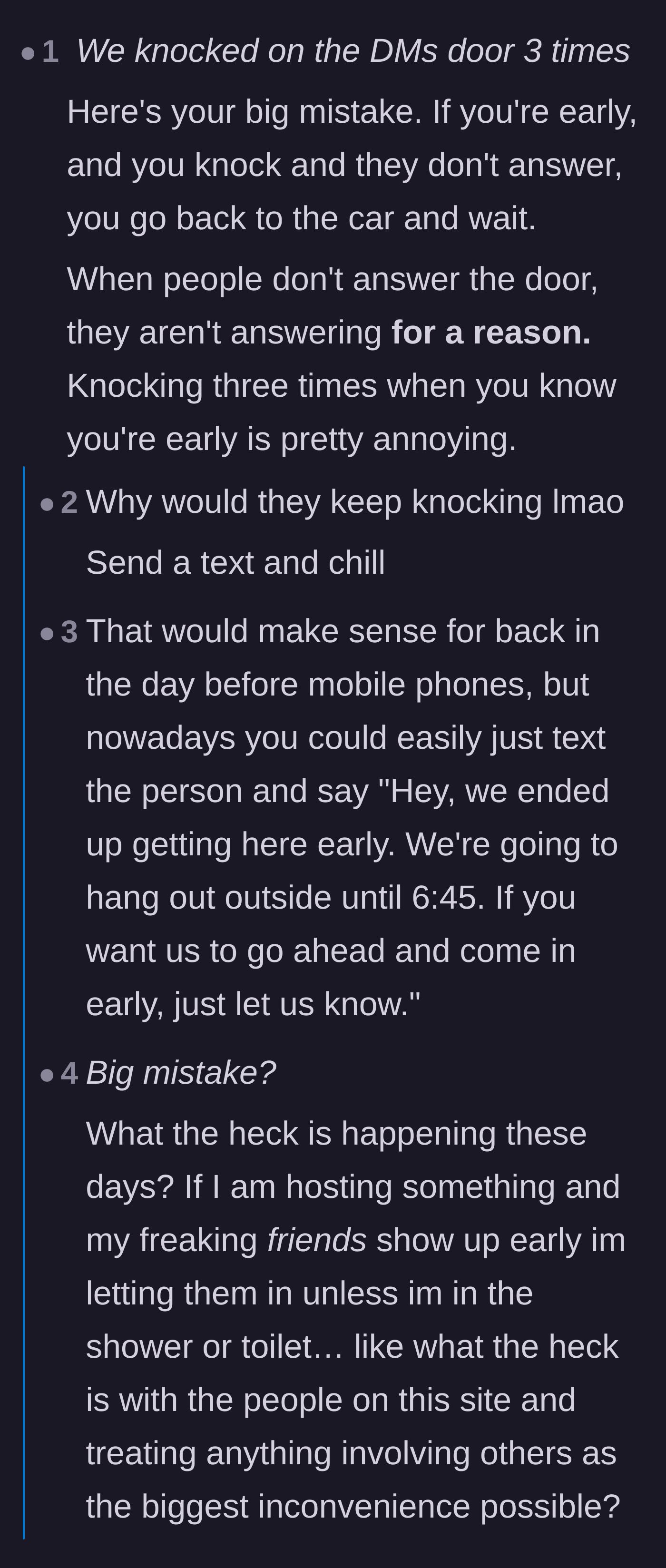 Comment thread 1 - Debate over the etiquette of knocking multiple times when arriving early and the psychology of chronically early people.
