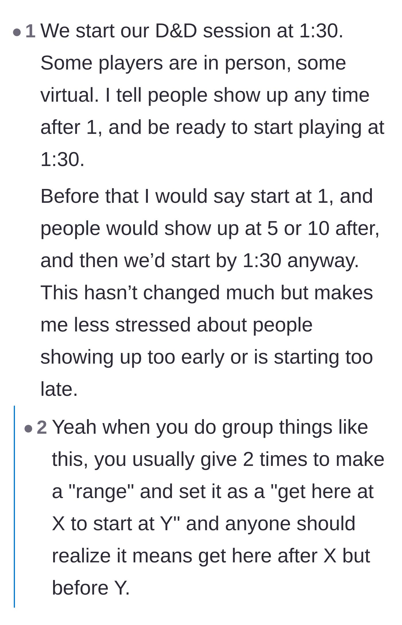 Comment thread 3 - Advice on providing arrival windows instead of exact hard start times for group events.