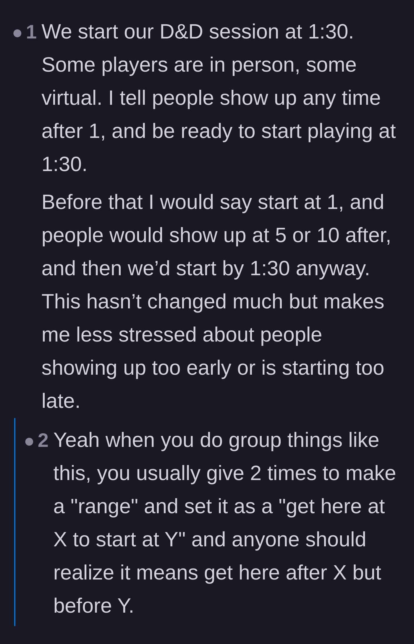 Comment thread 3 - Advice on providing arrival windows instead of exact hard start times for group events.