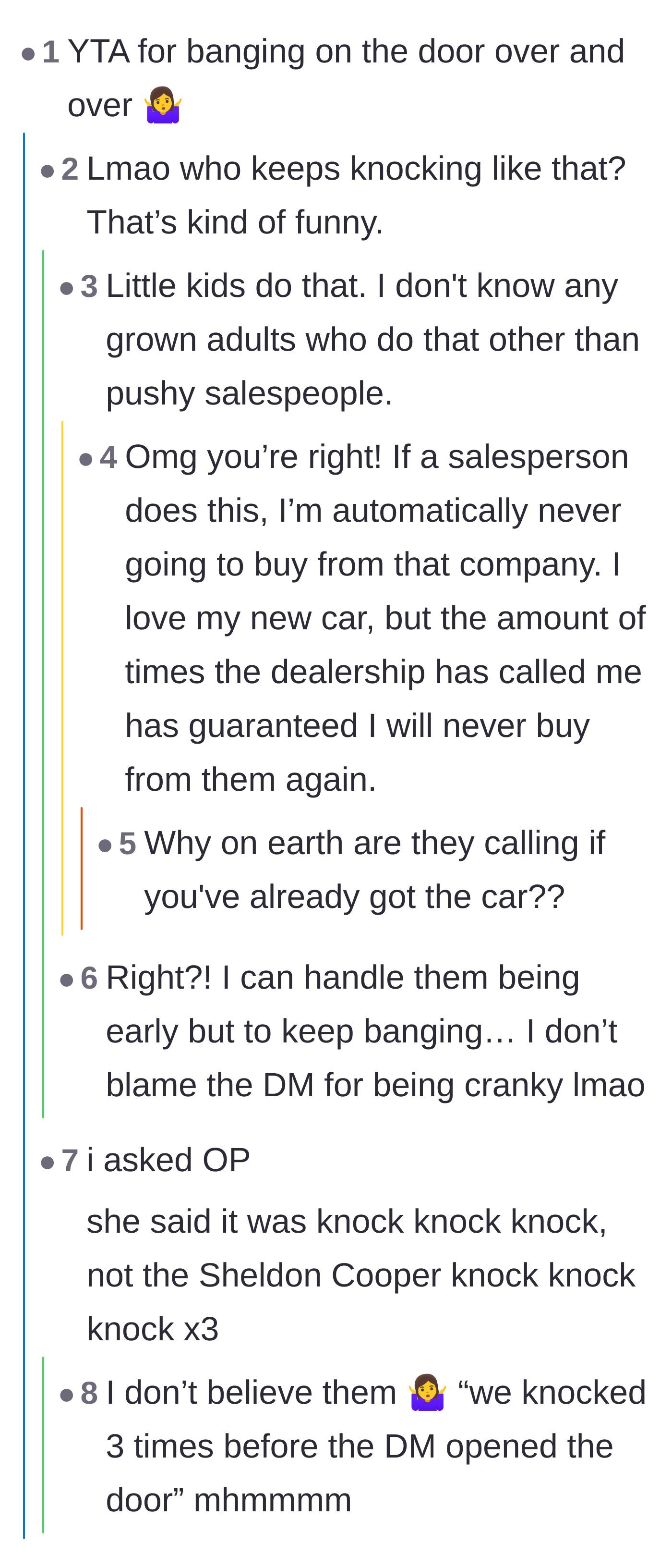 Comment thread 4 - Commenters roasting the main character for knocking aggressively like a pushy car salesperson.