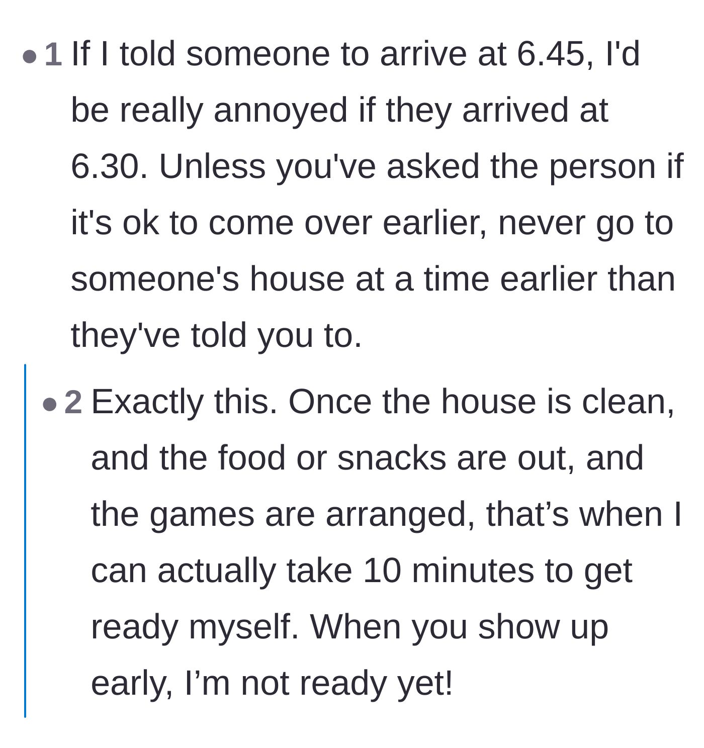 Comment thread 6 - A host's perspective on needing those final fifteen minutes to get dressed and mentally prepare after cleaning.