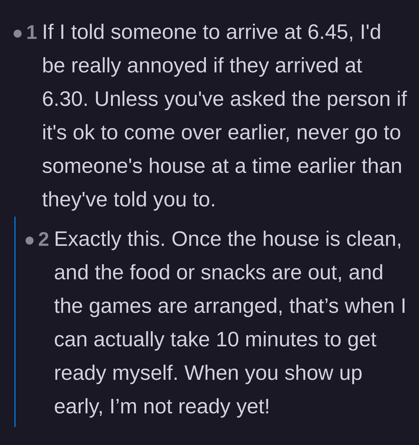 Comment thread 6 - A host's perspective on needing those final fifteen minutes to get dressed and mentally prepare after cleaning.