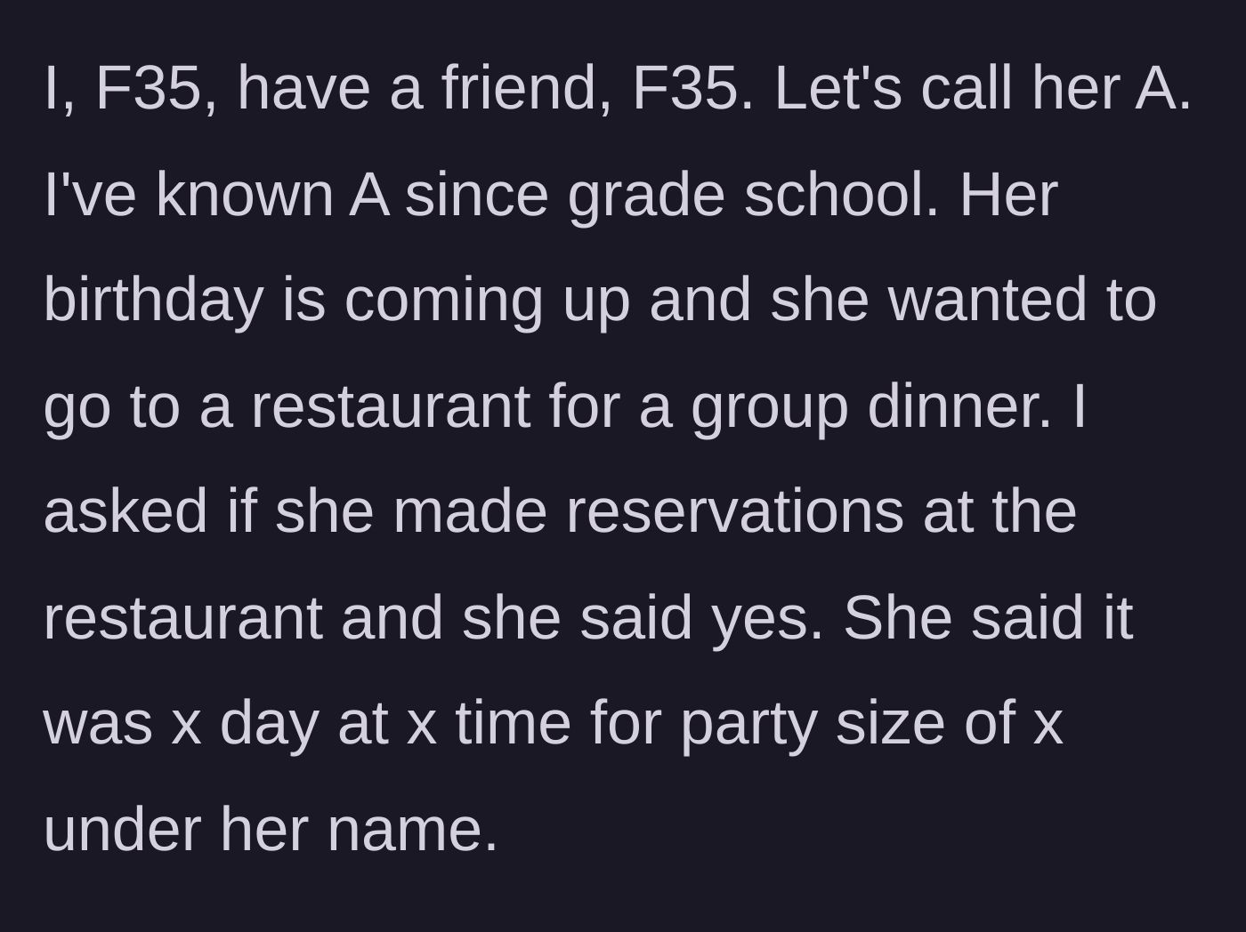 Story part 1 - The main character explains her 35-year-old friend claiming she made specific birthday dinner reservations for the group.