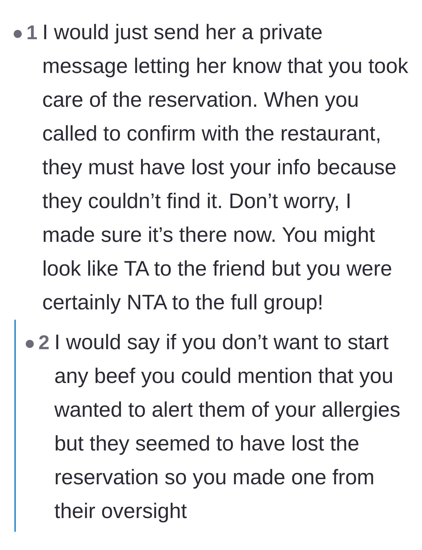 Comment thread 1 - Advice on sending a diplomatic private message claiming the restaurant lost the original reservation.