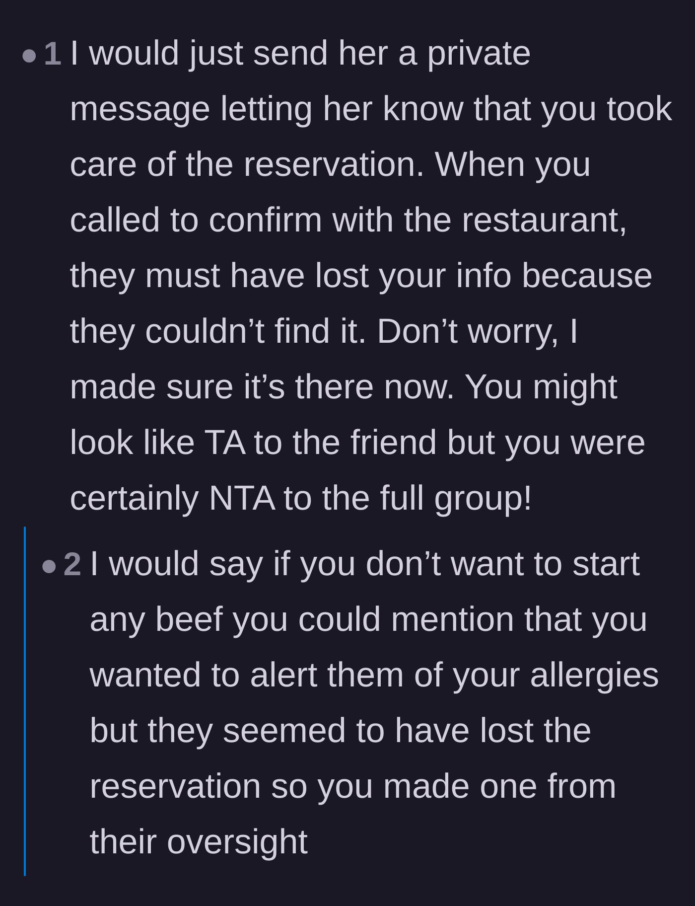 Comment thread 1 - Advice on sending a diplomatic private message claiming the restaurant lost the original reservation.